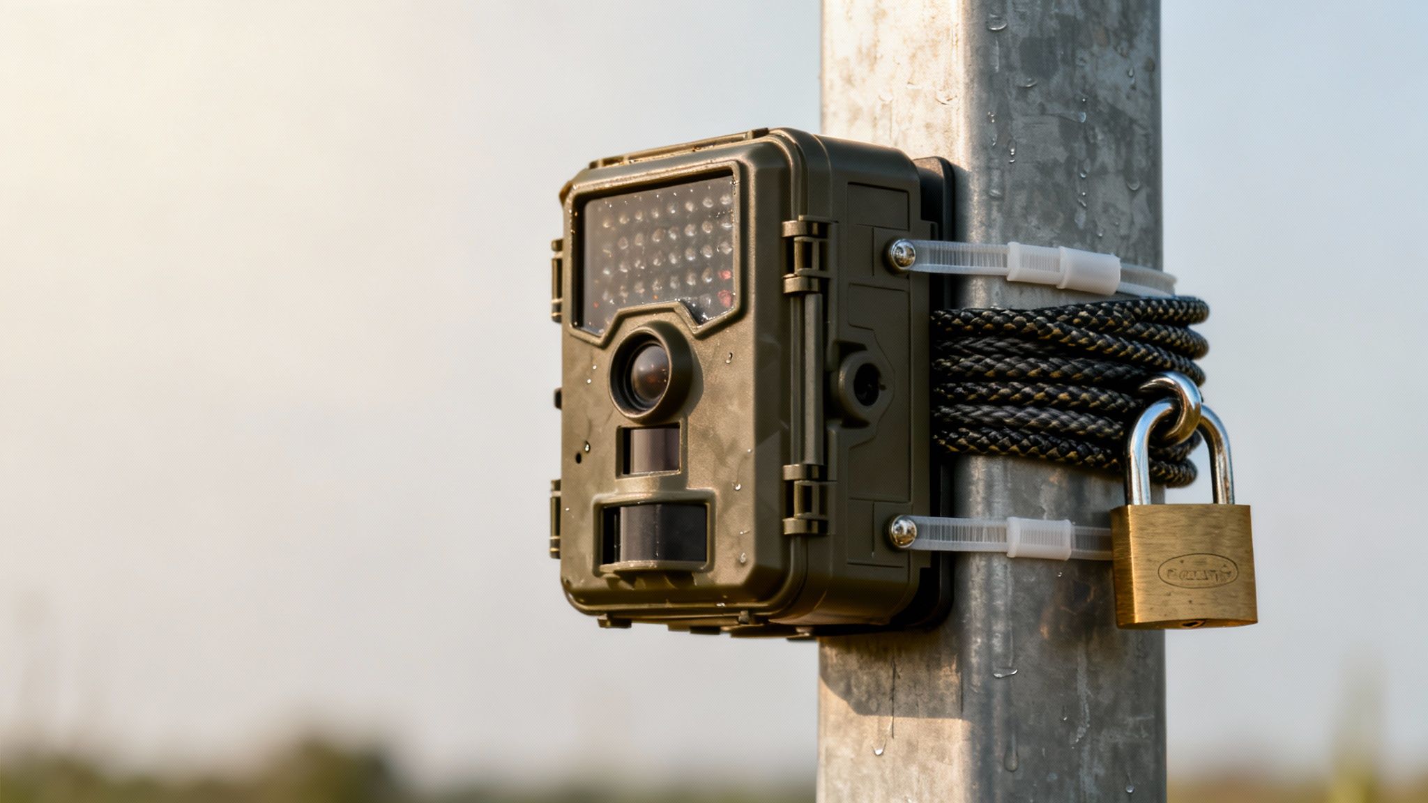A dark green trail camera with a padlock attached to a wet metal pole with zip ties.