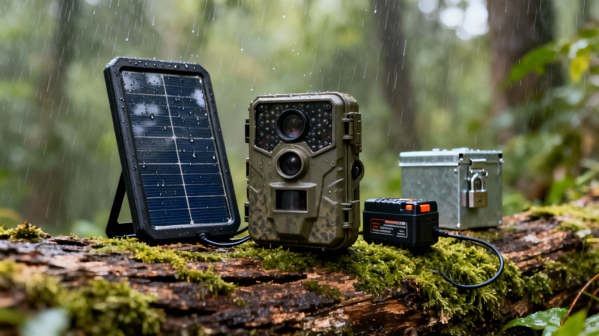 A waterproof game camera system with a solar panel and battery pack on a mossy log in the rain.