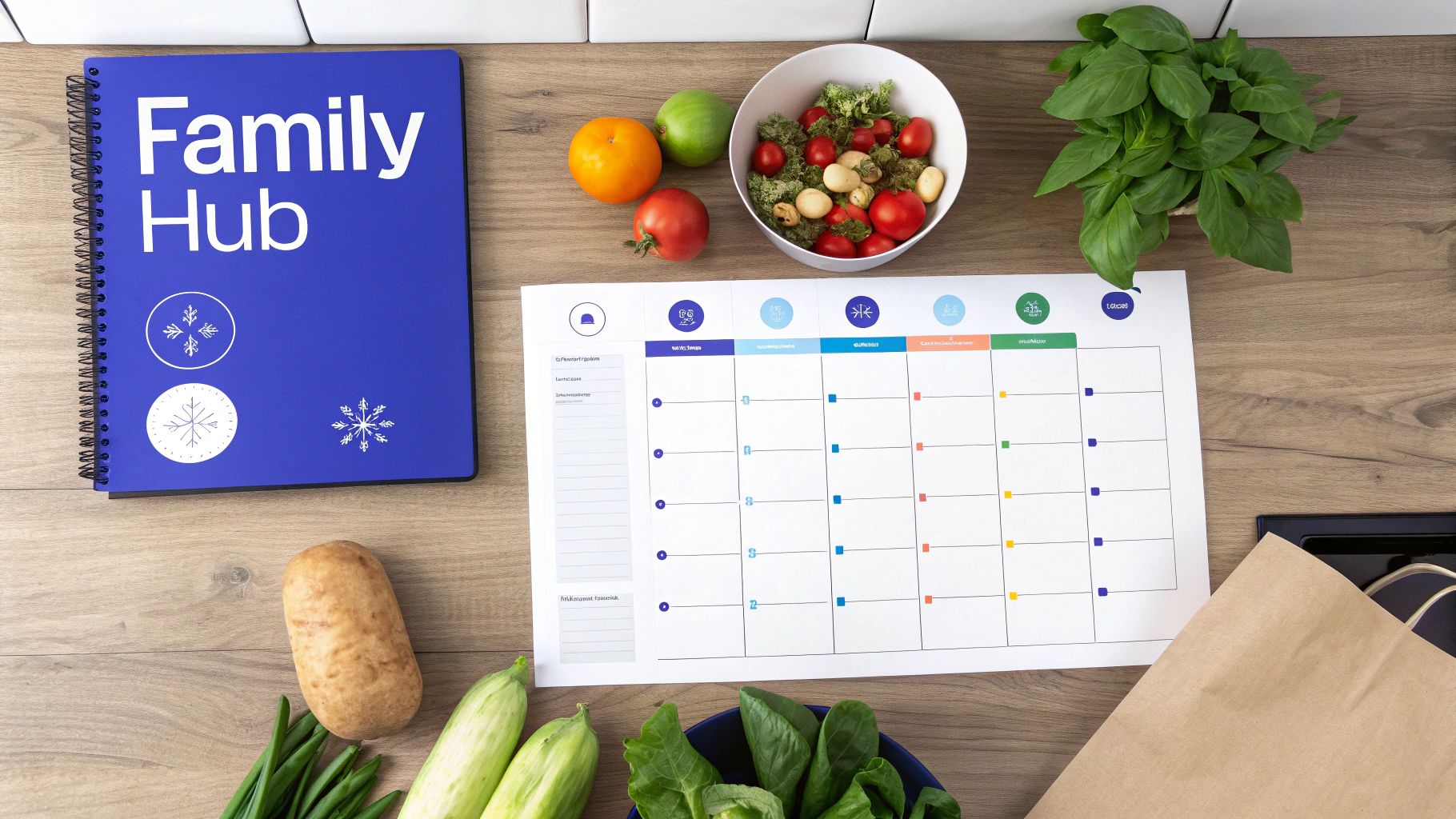 A blue Family Hub planner and calendar surrounded by fresh vegetables on a wooden table.