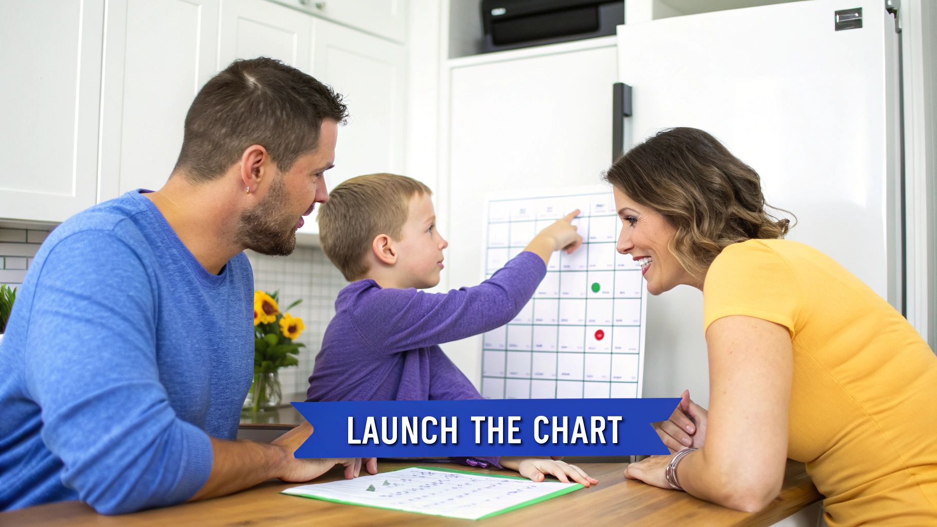 A smiling family, with a young boy pointing at a white chore chart, engages happily.