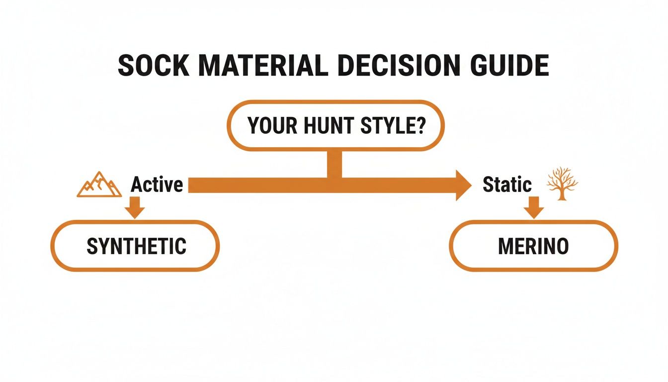 A decision guide flow chart for choosing sock material based on your hunting style.
