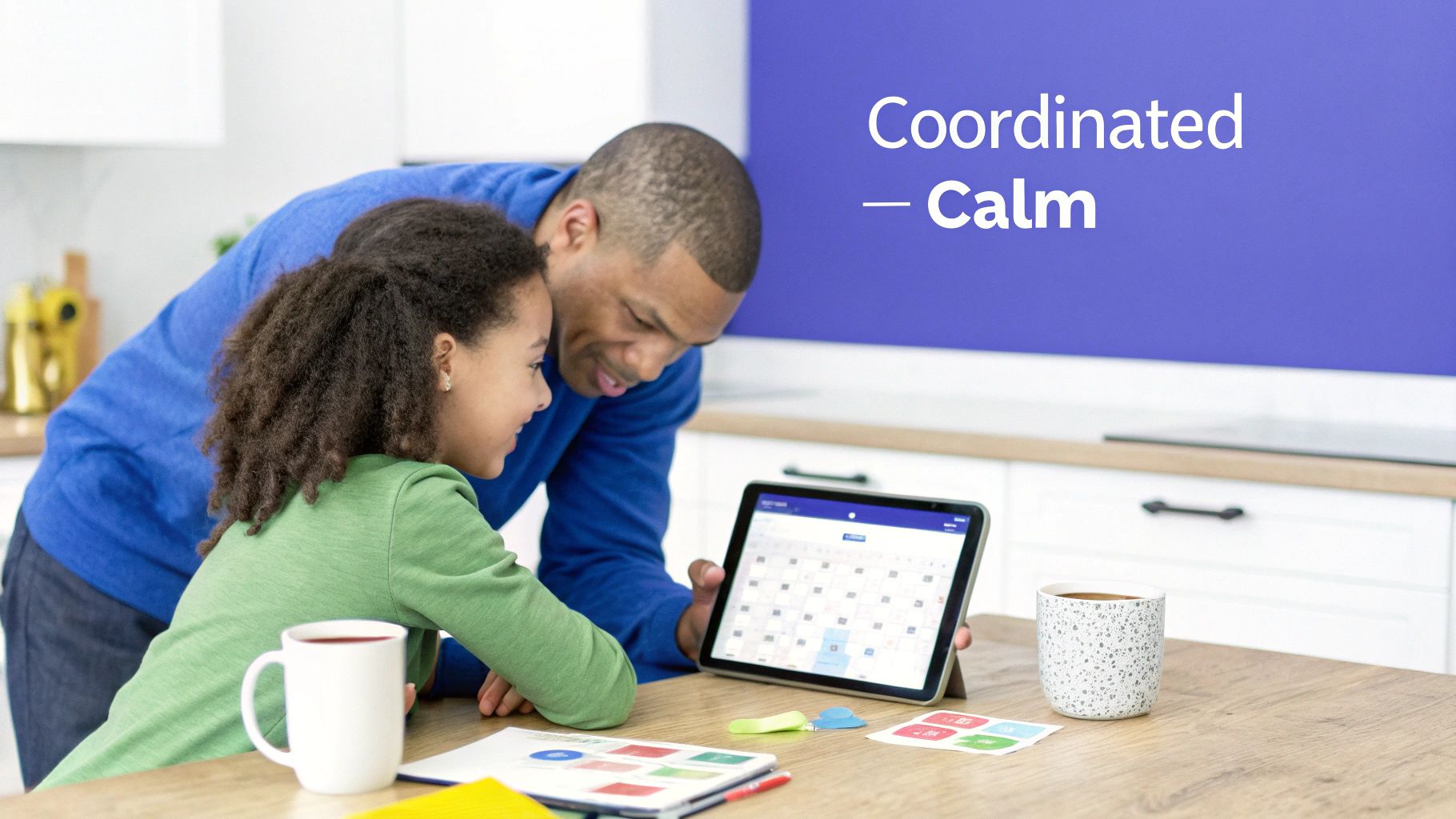 A father and daughter smile while looking at a digital family calendar on a tablet in a kitchen.