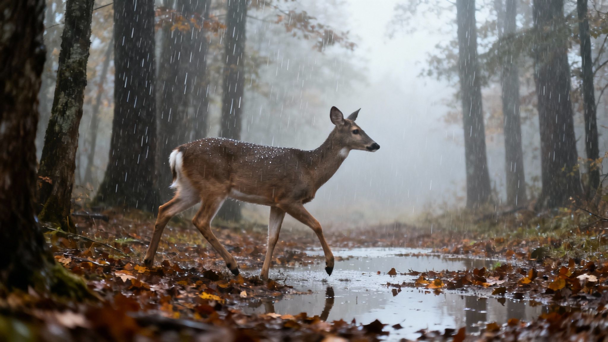 A majestic deer walks gracefully through a misty autumn forest during a gentle rain shower.
