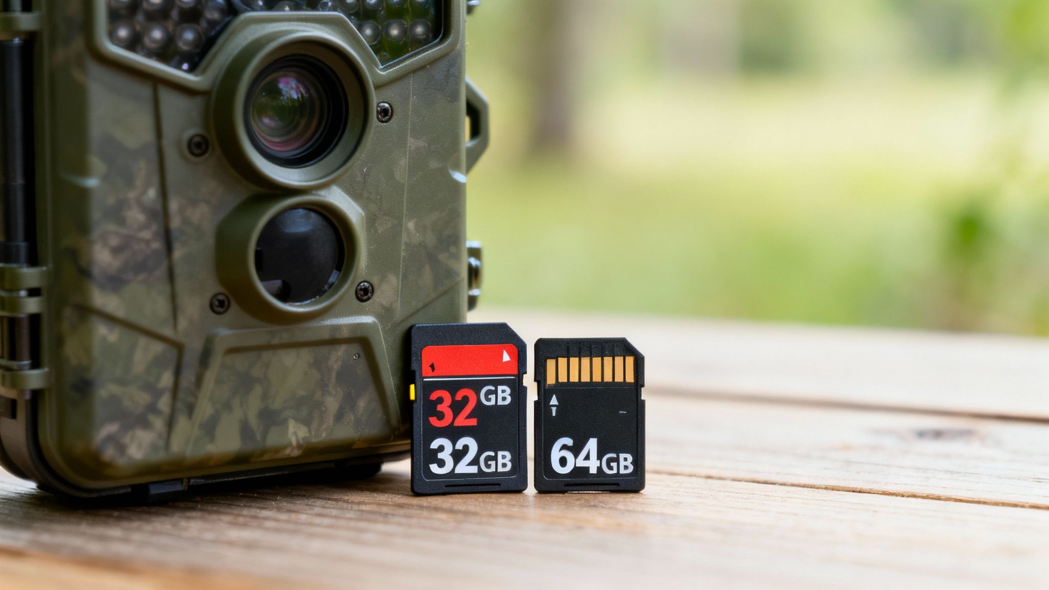 A camouflage trail camera sits beside two SD cards, 32GB and 64GB, on a wooden surface.