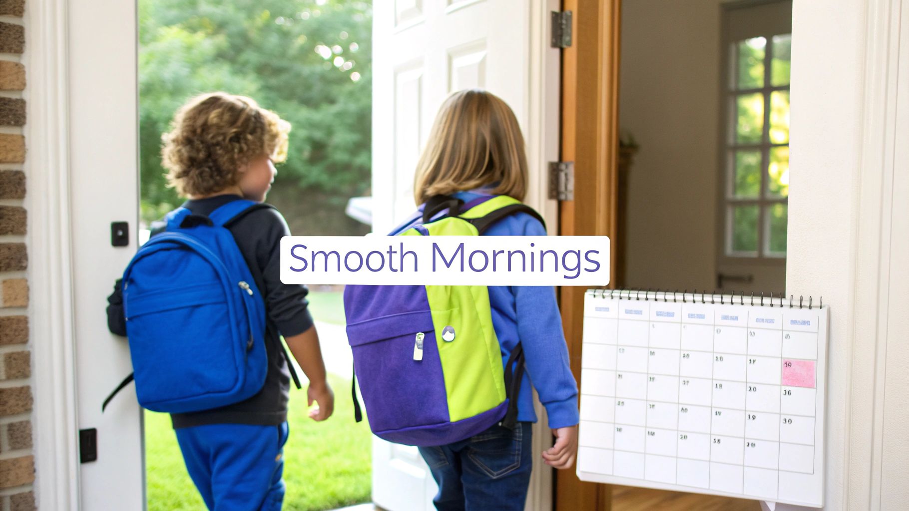 Two young children with backpacks walk out the front door, ready for school, with a calendar nearby.