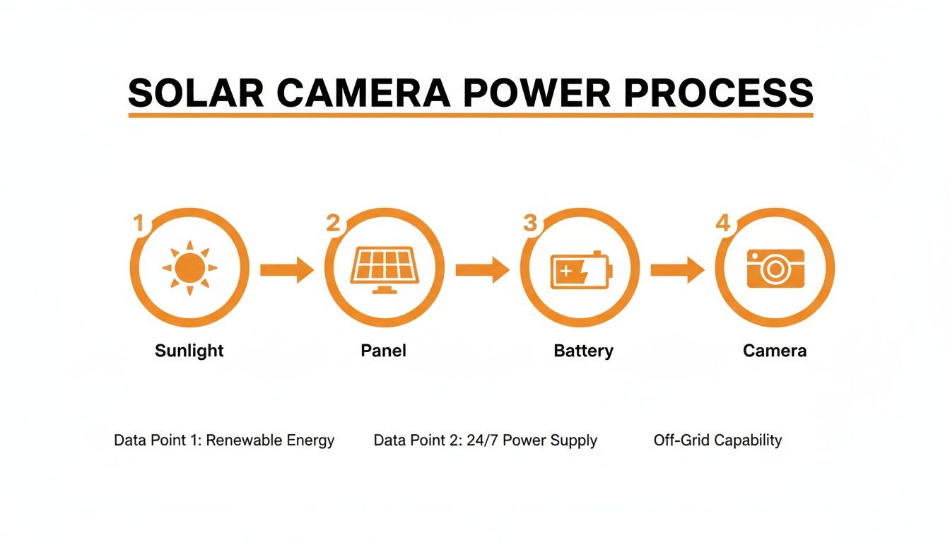 Diagram illustrating the solar camera power process from sunlight through a panel and battery to the camera.