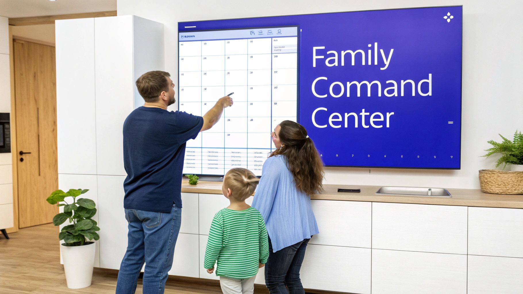 A family interacts with a large wall-mounted digital planner displaying a calendar and text.