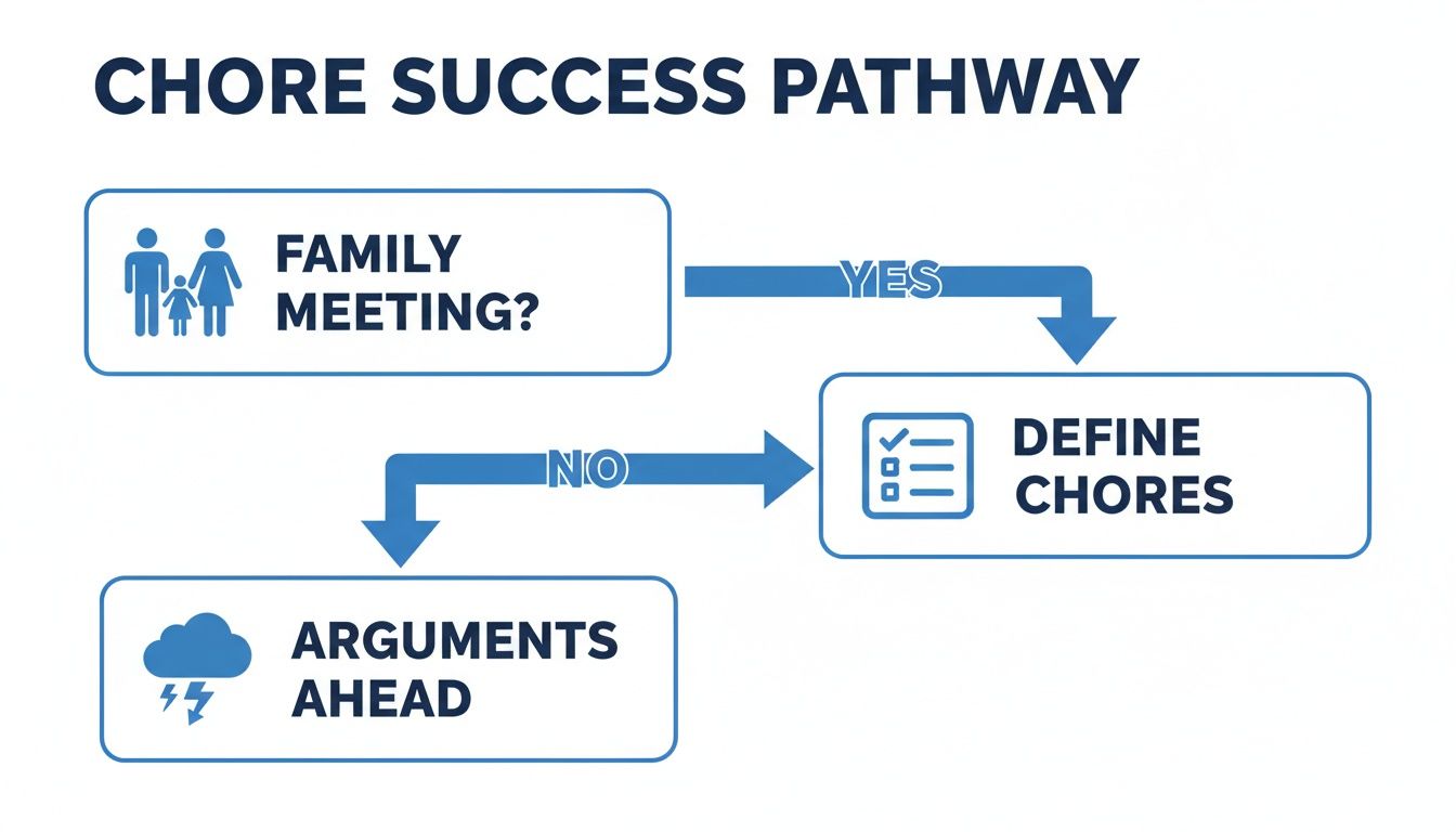 Flowchart for family chore success, suggesting a meeting leads to defined chores, avoiding arguments.