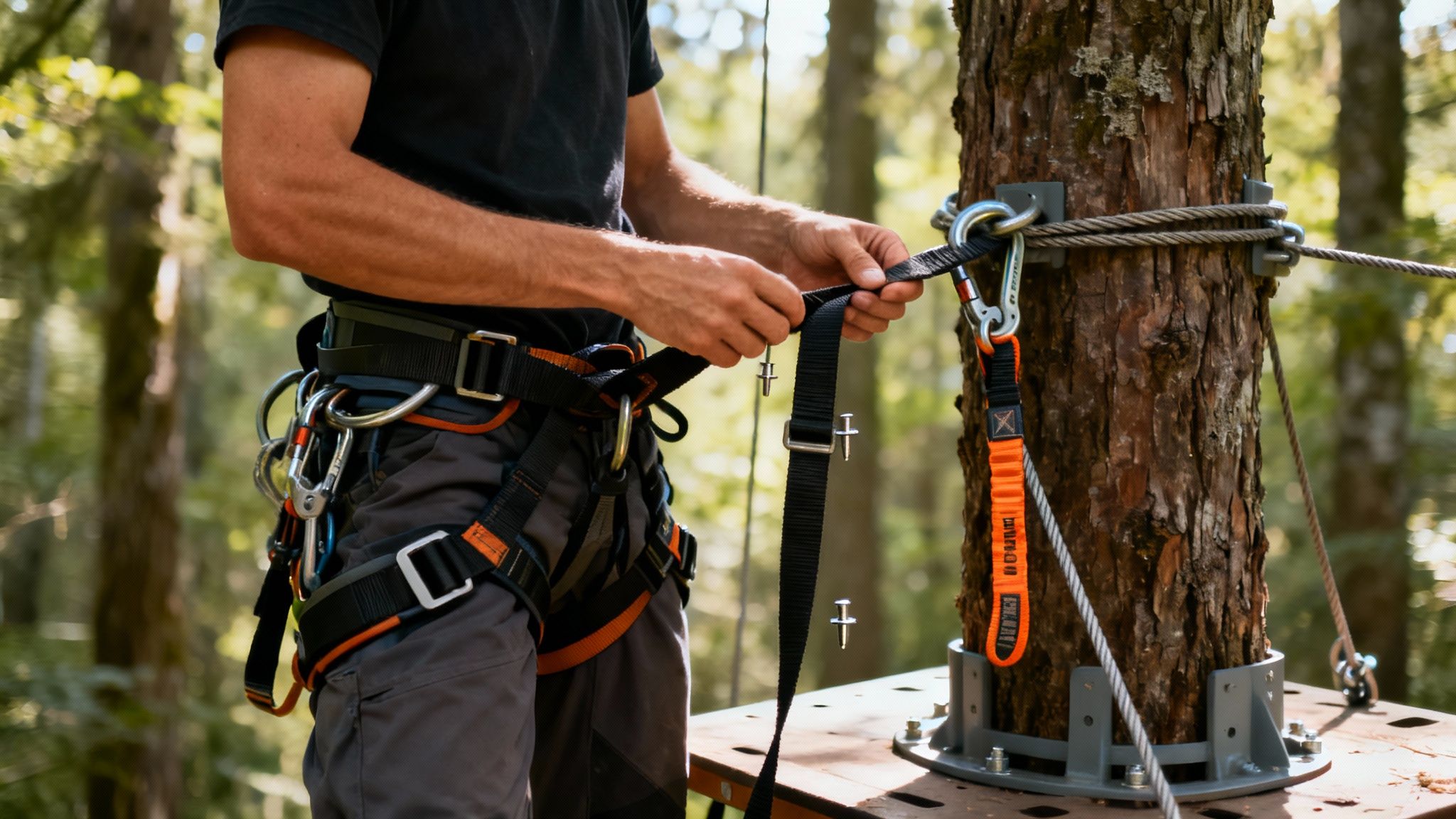 Man adjusts his climbing harness and safety equipment attached to a tree in a forest adventure park.