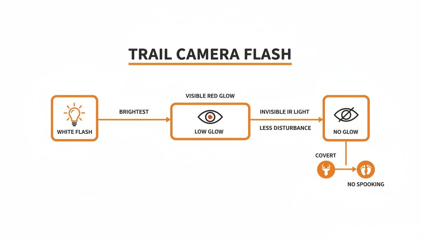 Diagram showing trail camera flash types: white (brightest), low glow (visible red), and no glow (invisible, covert).