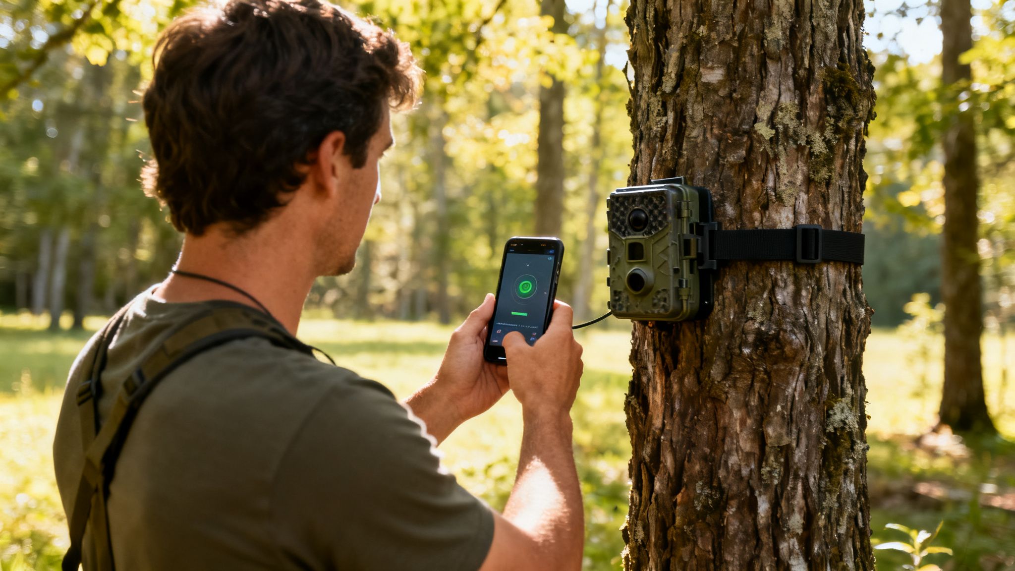 A man in a green shirt uses a smartphone to connect with a trail camera on a tree in a sunny forest.