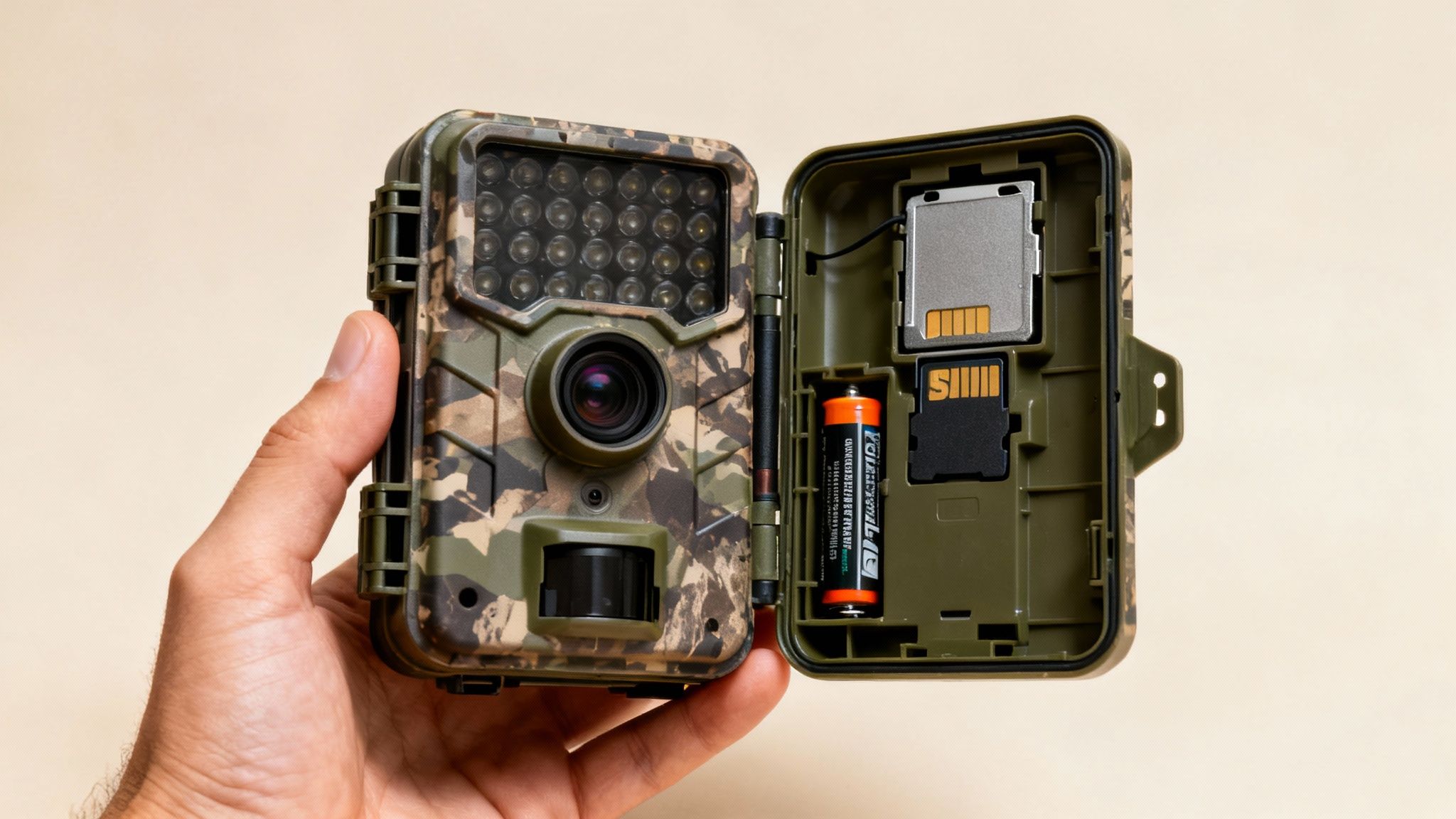 A close-up view of a trail camera with advanced sensor technology, mounted on a tree in a dense forest.
