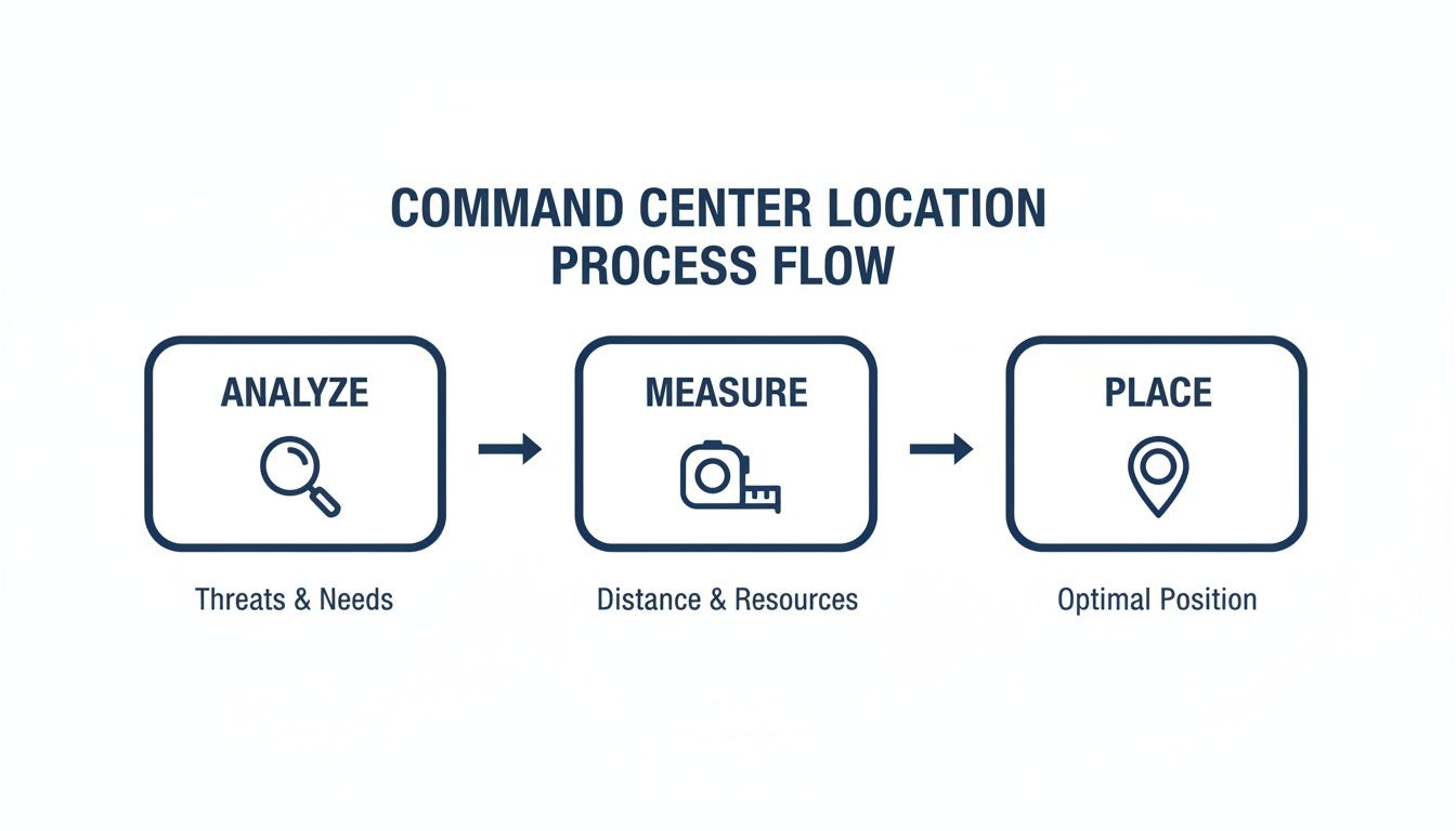 Command center location process flow diagram with steps: Analyze, Measure, and Place for optimal position.