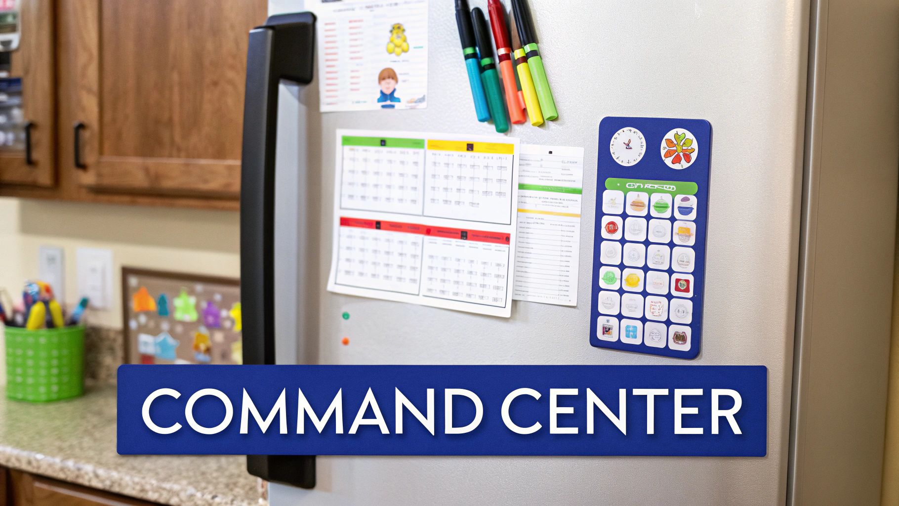 A kitchen refrigerator with a magnetic command center featuring a calendar, task board, and colorful markers.