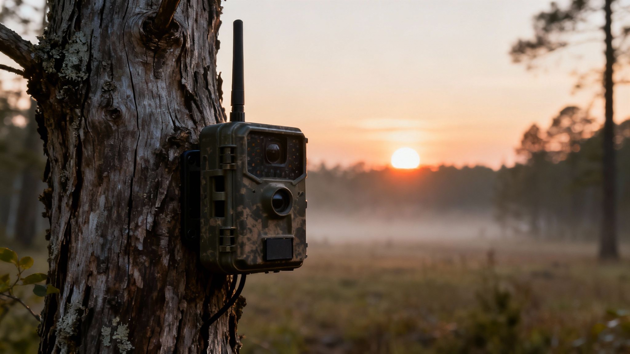 A camouflage trail camera mounted on a tree trunk during a misty sunrise in a forest.