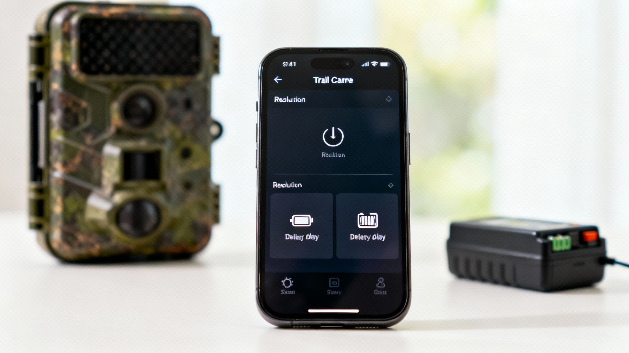 A smartphone displays a trail camera app with settings next to a camouflage camera and power pack.