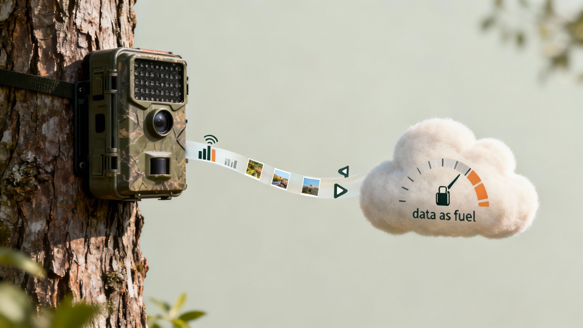 Trail camera on a tree transmits wildlife photos and data wirelessly to a cloud with a 'data as fuel' gauge.