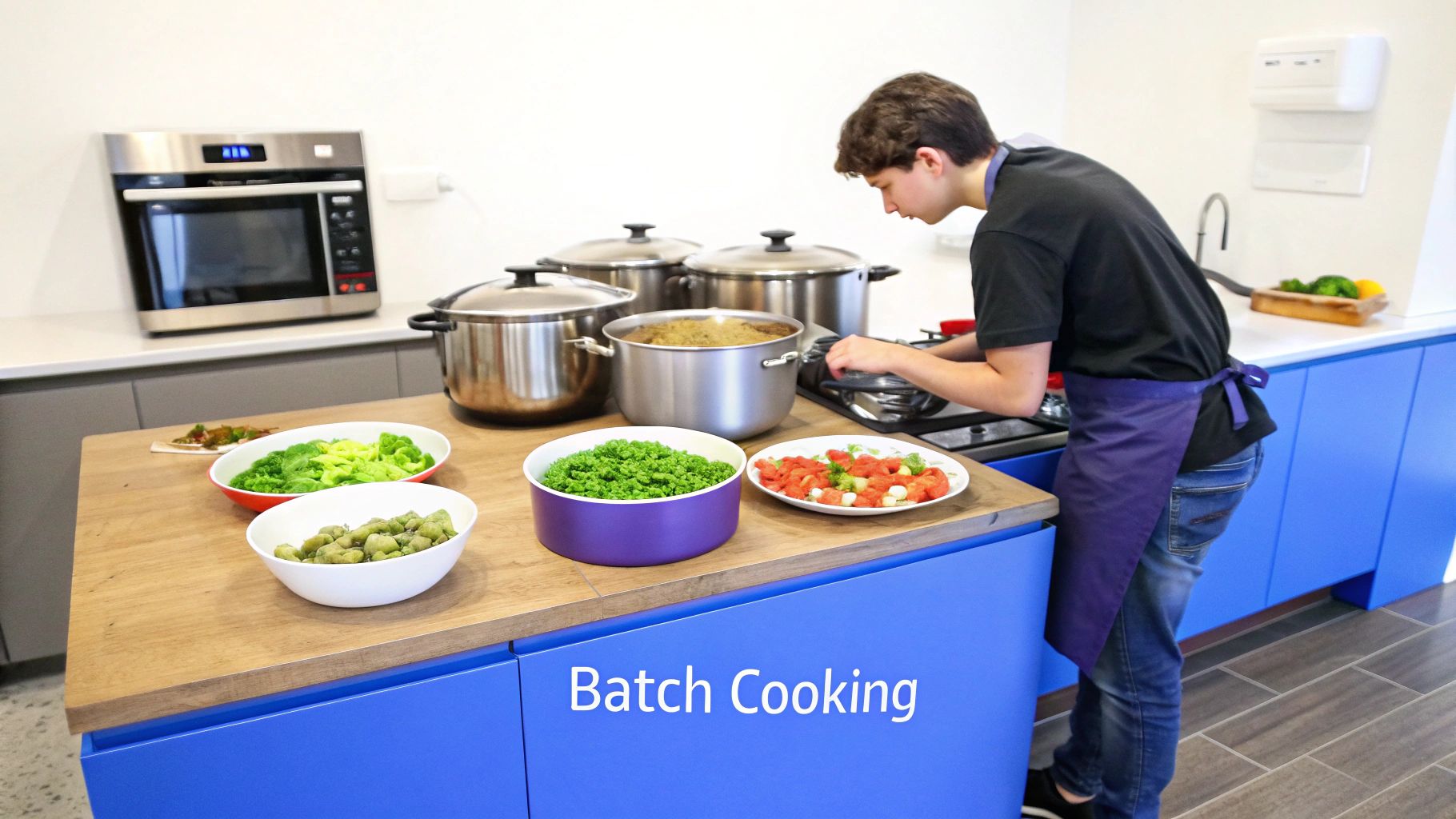A young person cooking on a stovetop in a modern kitchen, surrounded by large pots and fresh vegetables for batch cooking.