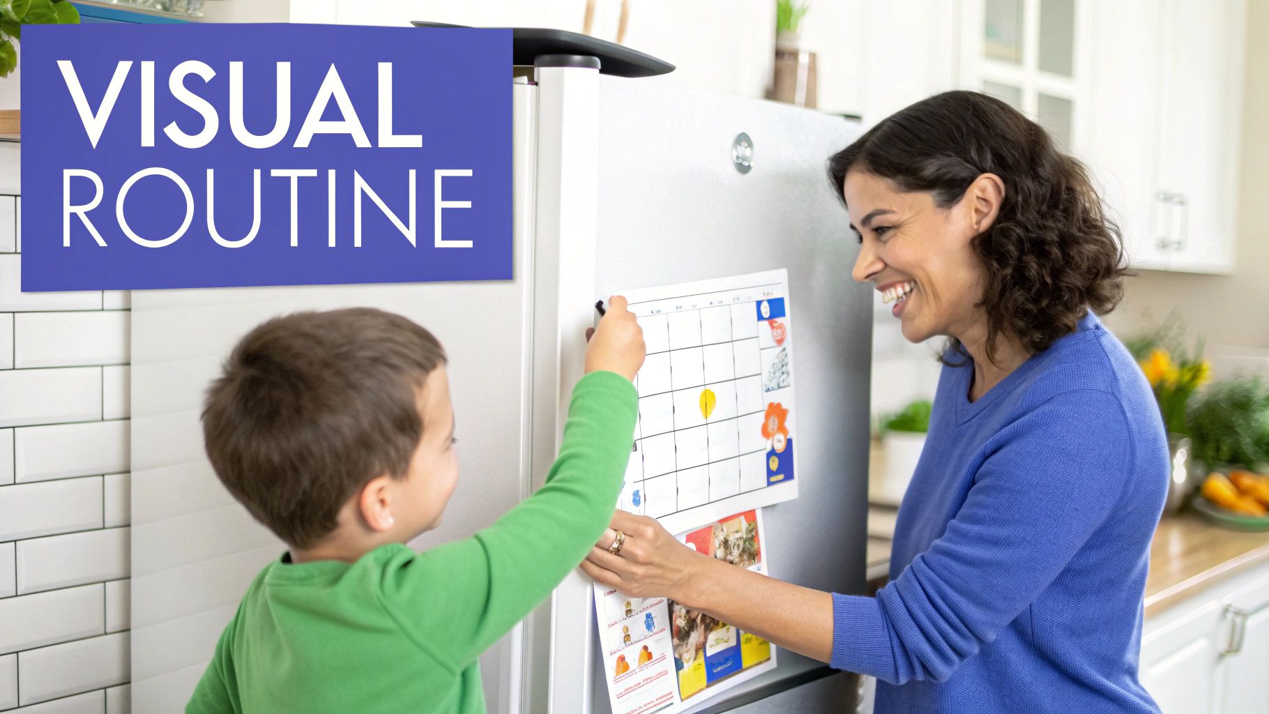 A smiling woman helps a young boy mark off tasks on a visual routine chart on a refrigerator.