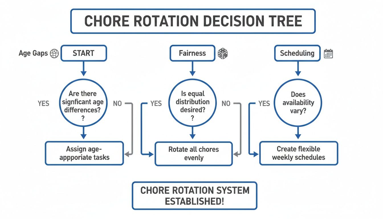 A decision tree flowchart for establishing a chore rotation system based on age, fairness, and scheduling.
