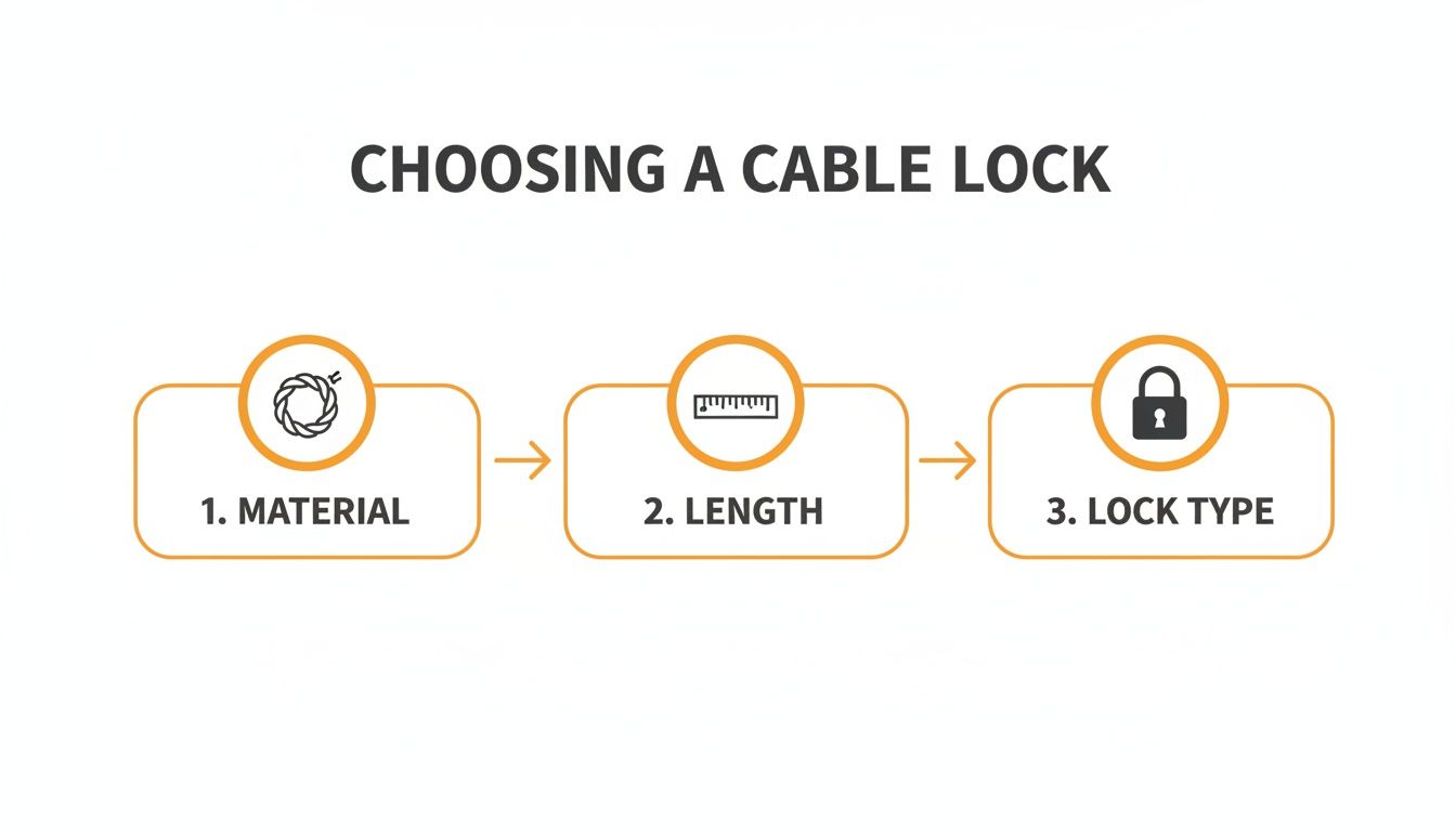 A flowchart illustrating how to choose a cable lock, covering material, length, and lock type.