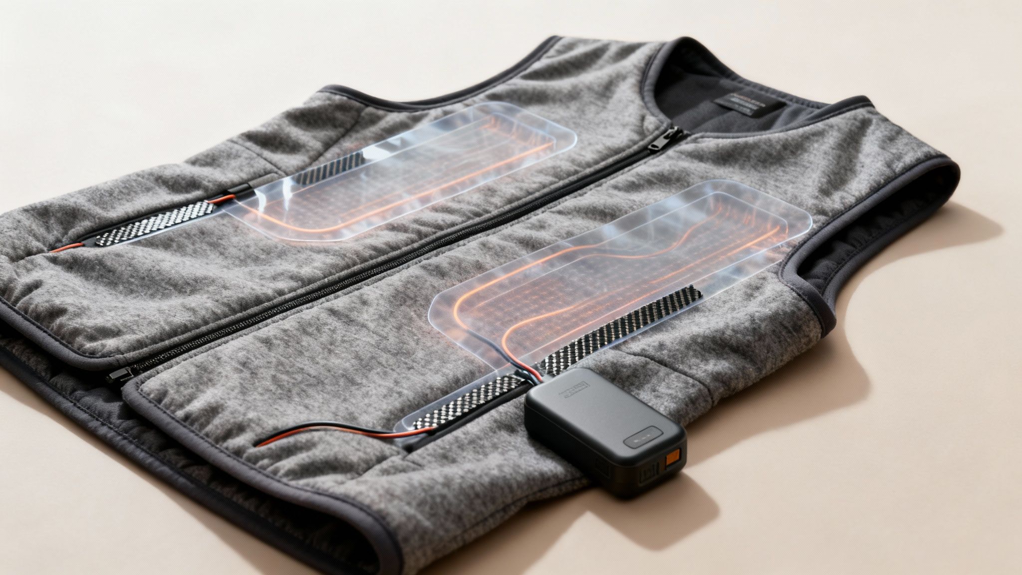 A grey heated vest with transparent glowing orange heating elements and a black power bank.