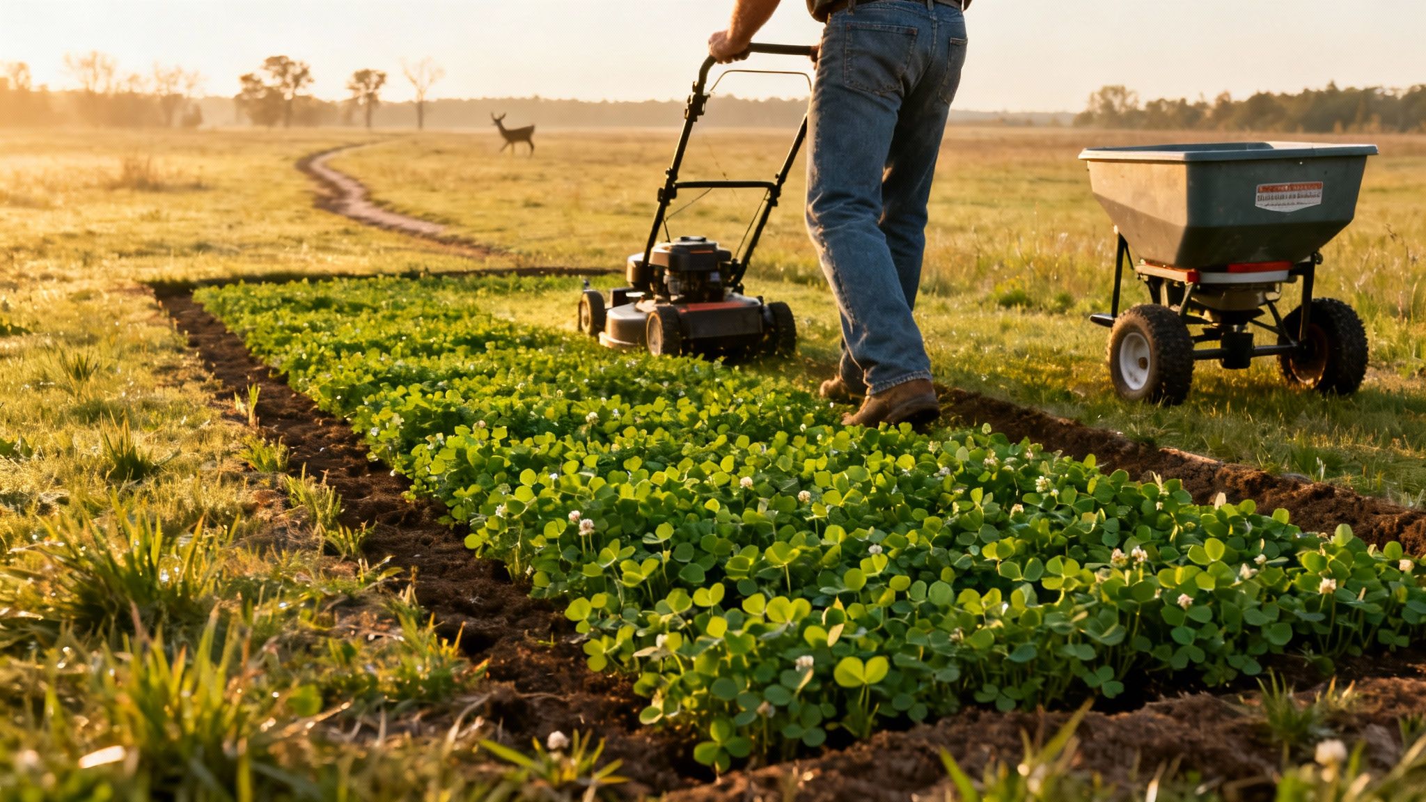 Man mows lush green clover food plot at sunrise, with a deer wandering in the background.
