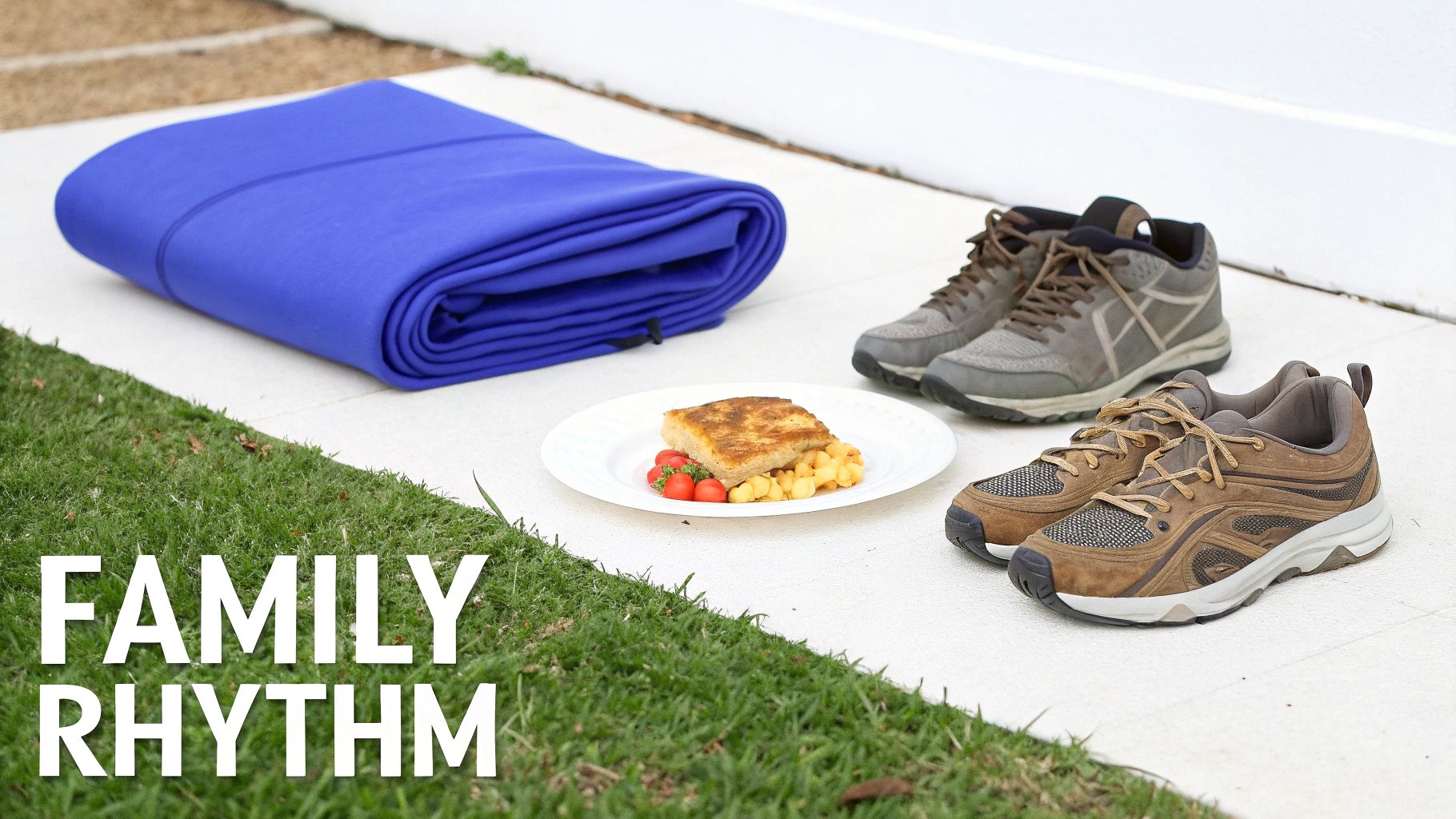 A blue mat, a plate of food, and two pairs of athletic shoes on a patio beside grass.
