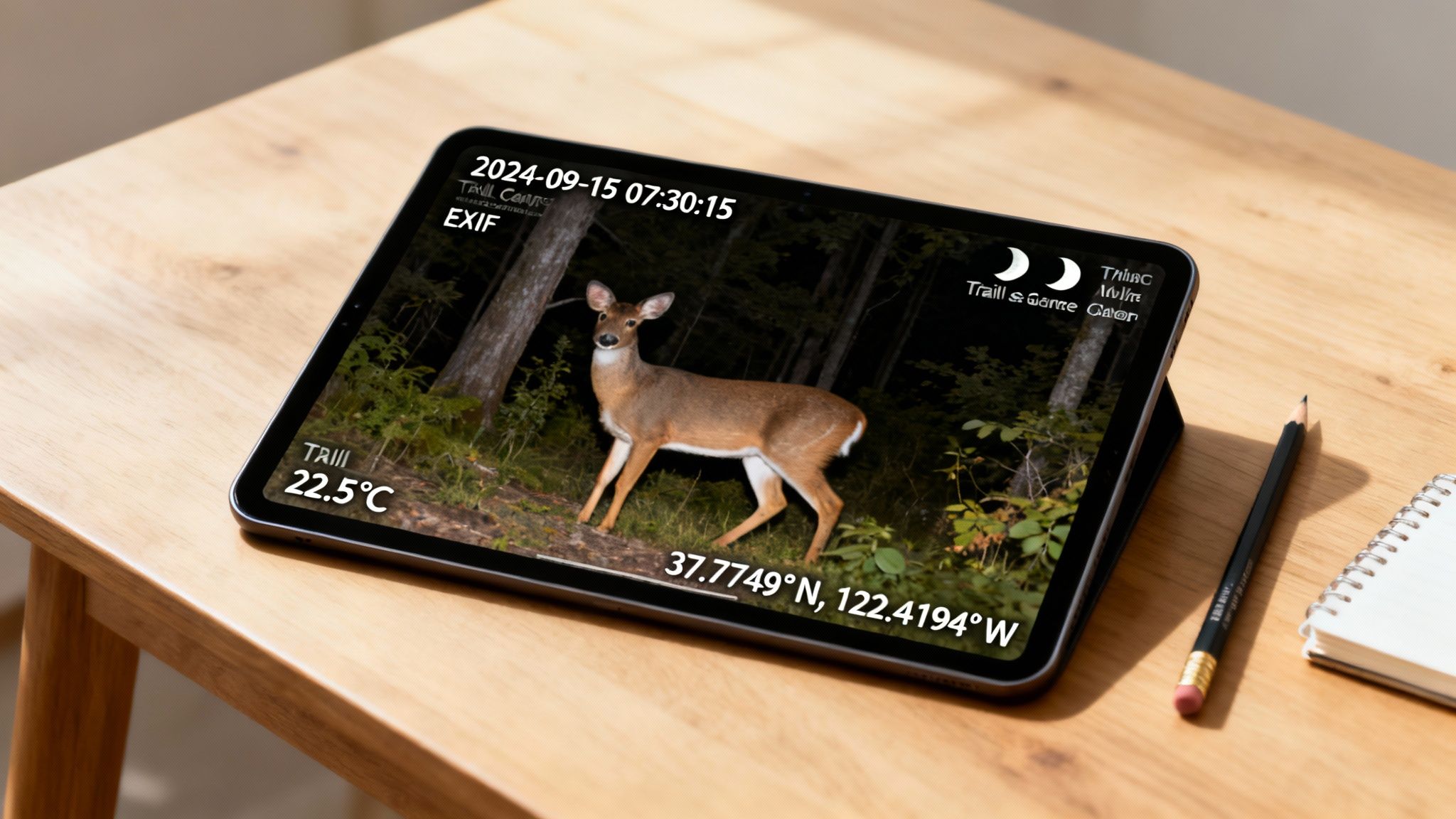 A tablet on a wooden table displays a trail camera image of a deer with date, time, temperature, and location.