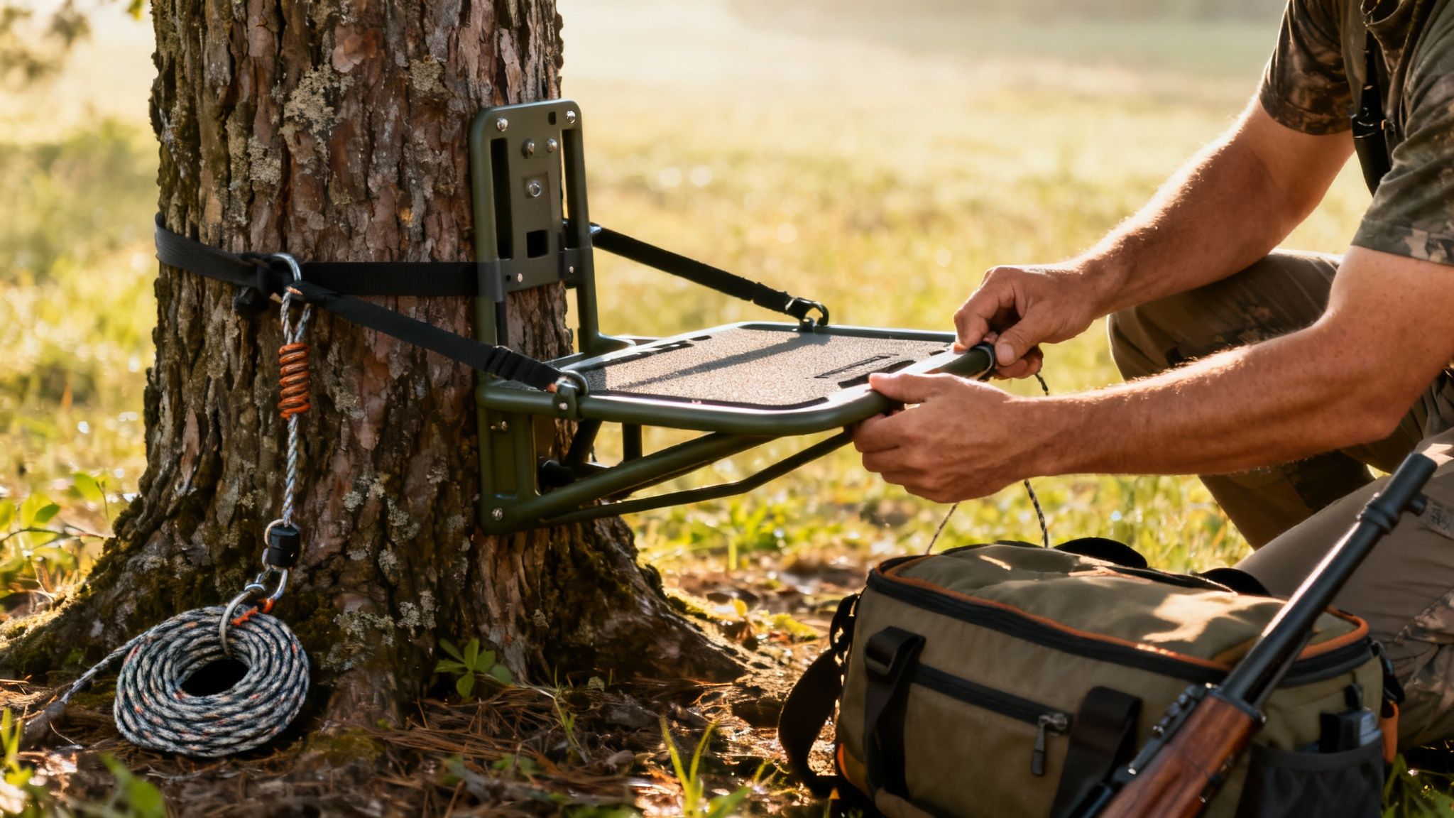 A person attaches a green climber tree stand to a tree trunk in a sunny outdoor setting, with hunting gear nearby.