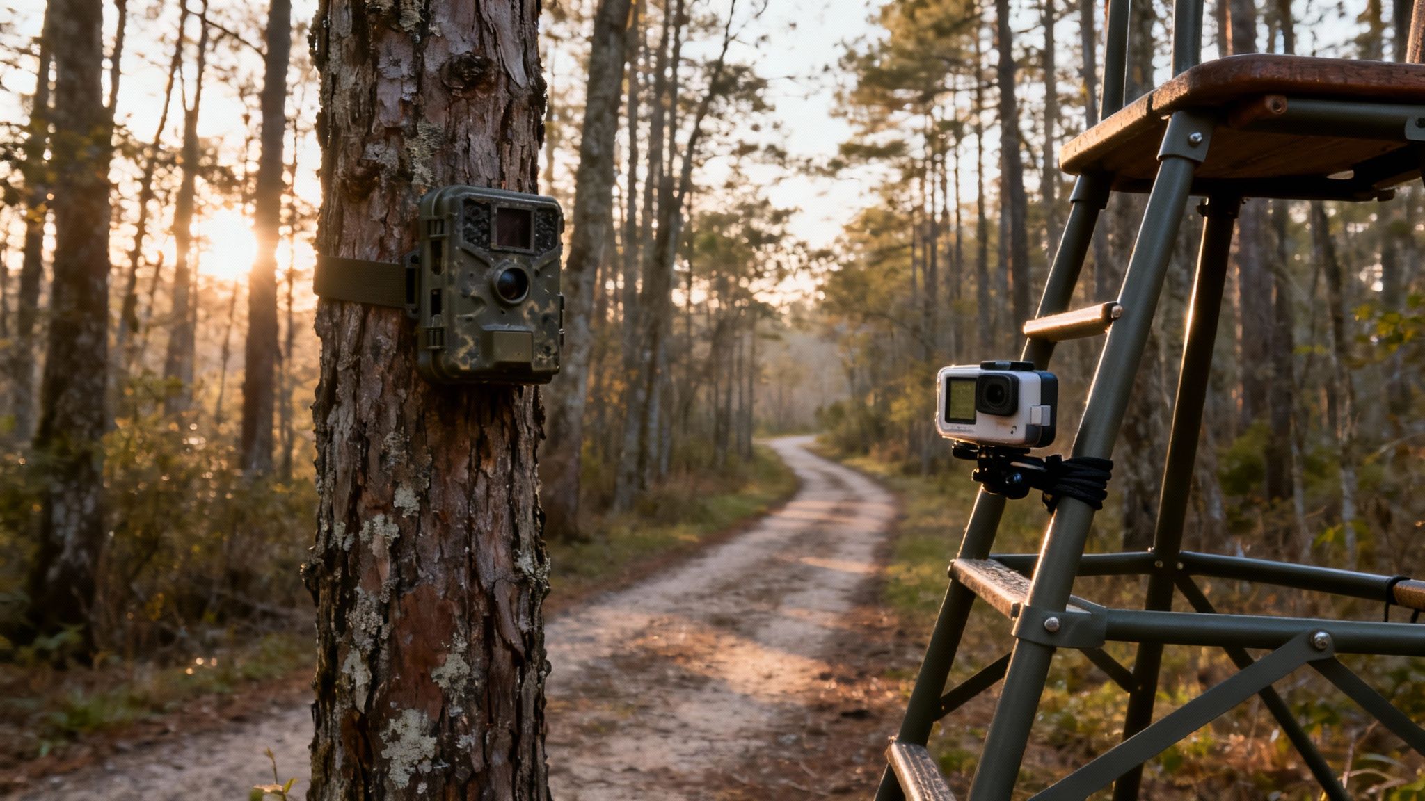 Trail camera on a tree and action camera on a hunting stand in a forest at sunset.