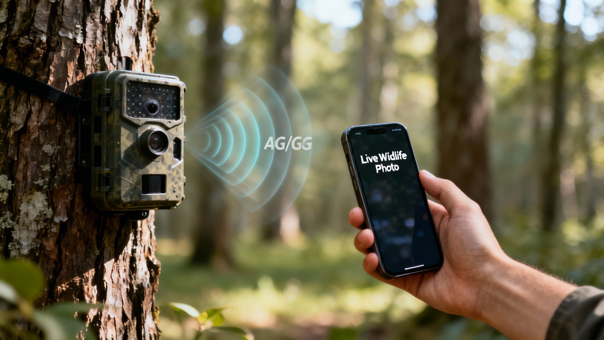 A camouflage trail camera on a tree wirelessly transmits live wildlife photos to a smartphone in a forest.