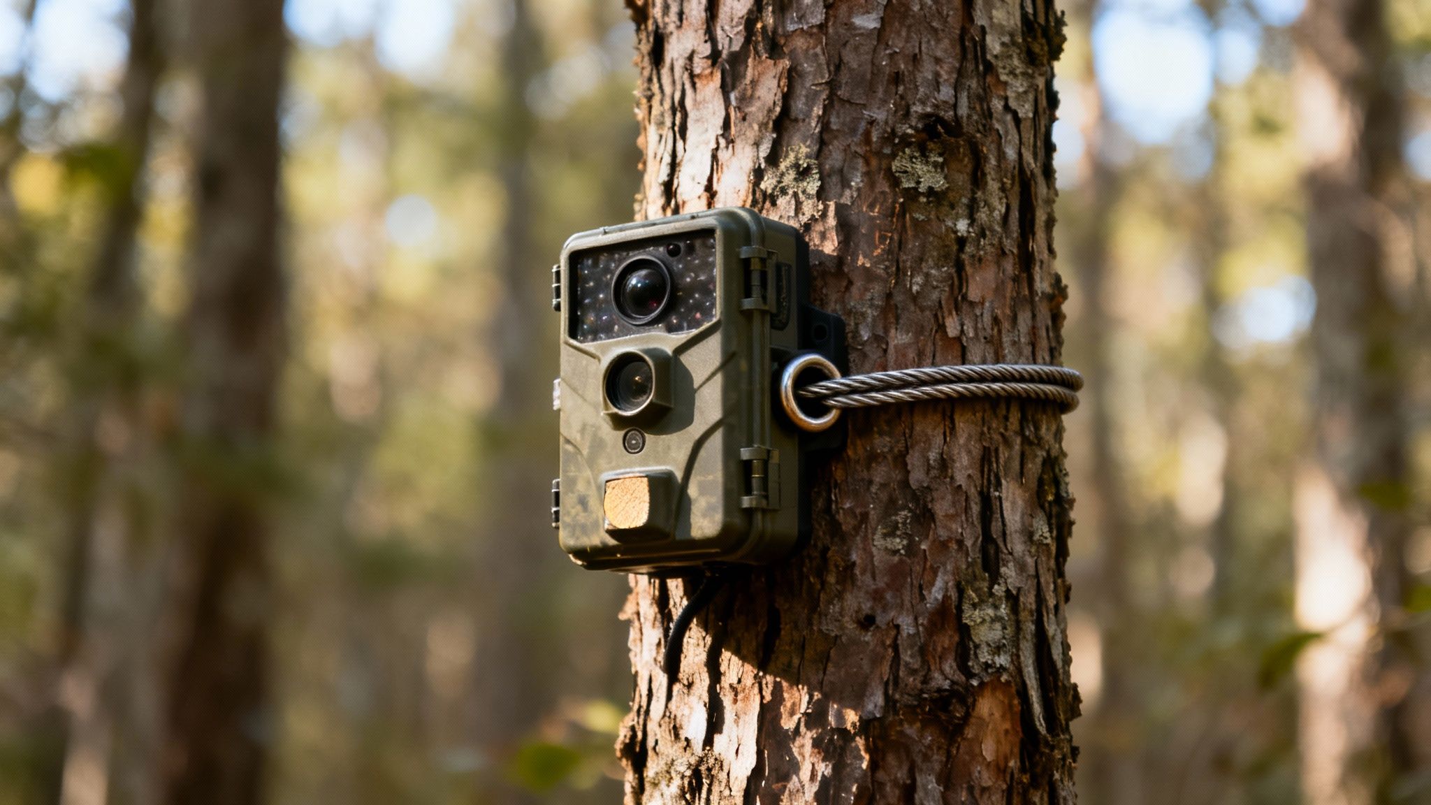 A green trail camera is securely fastened to a tree with a steel cable lock.