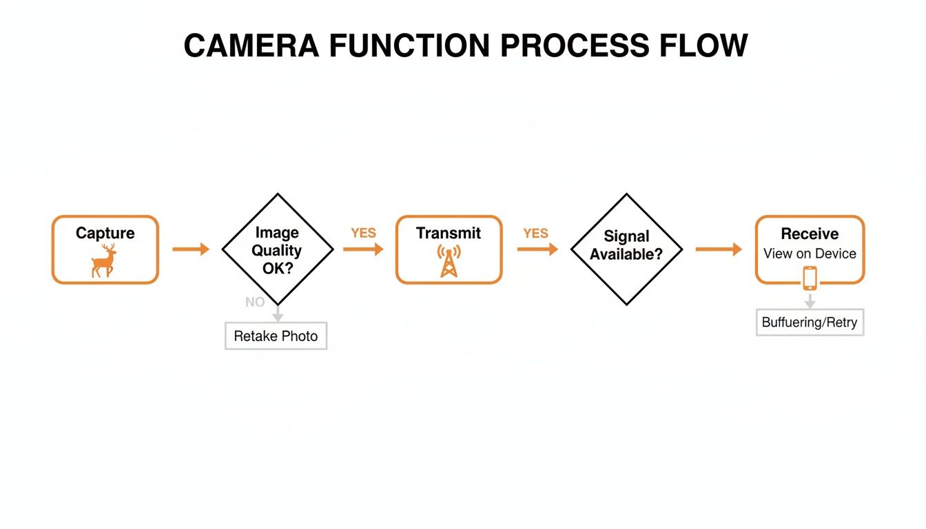 A flowchart detailing the process of a camera capturing, checking, transmitting, and receiving images on a device.