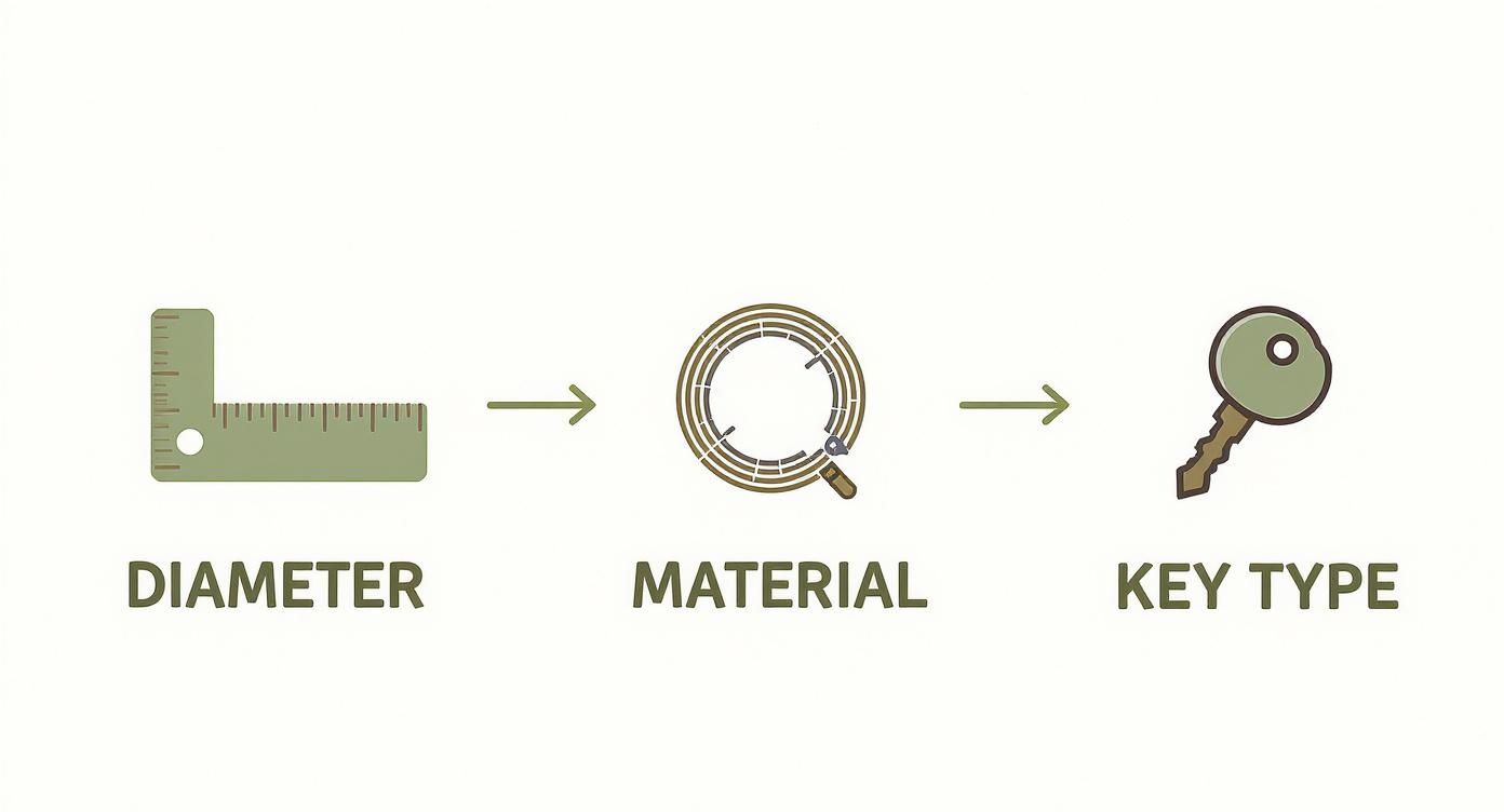 Infographic showing three steps for selecting trail camera locks: measuring diameter, checking material, and identifying key type