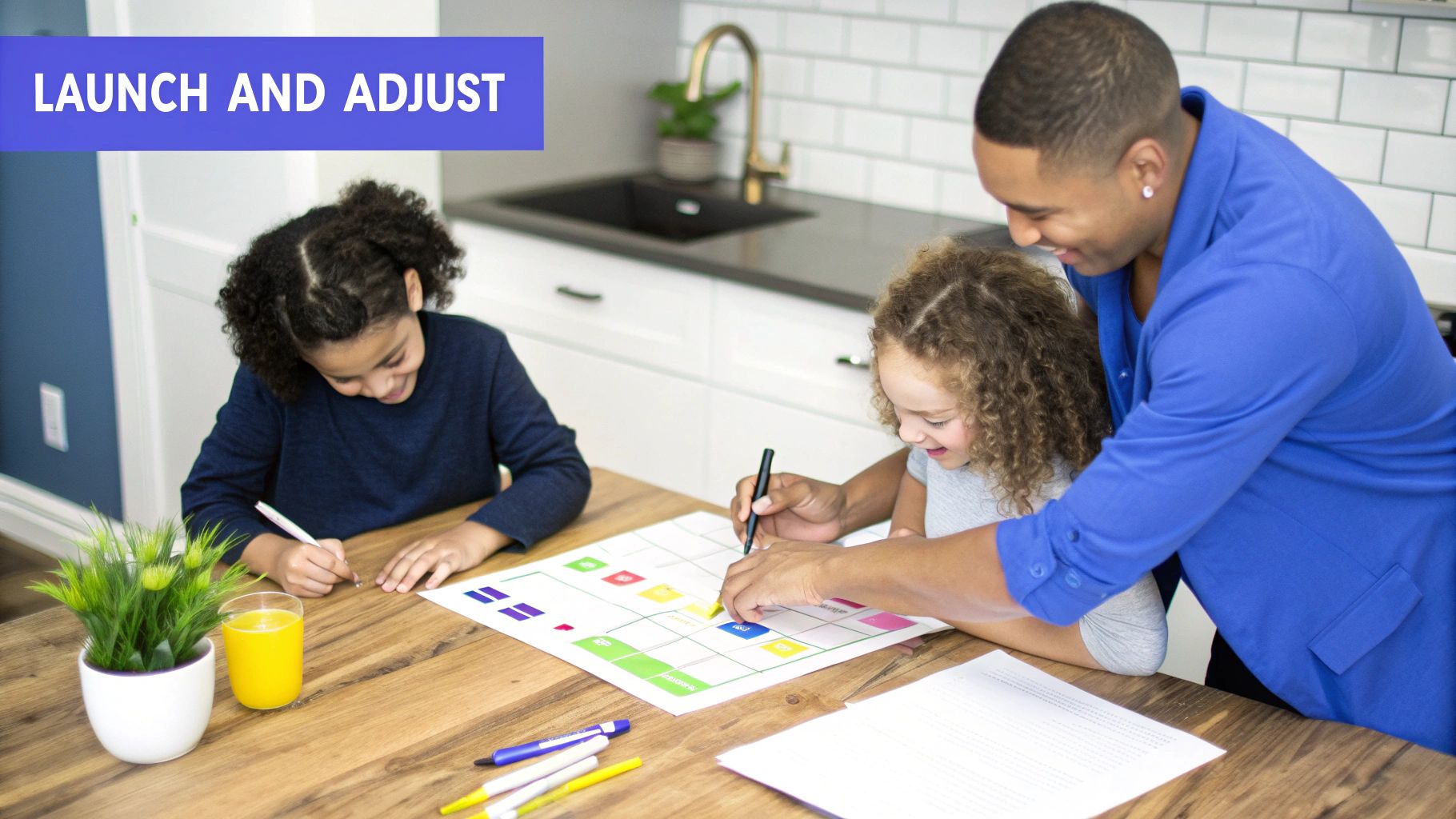 A dad and two kids happily working on a colorful chore chart at a kitchen table.