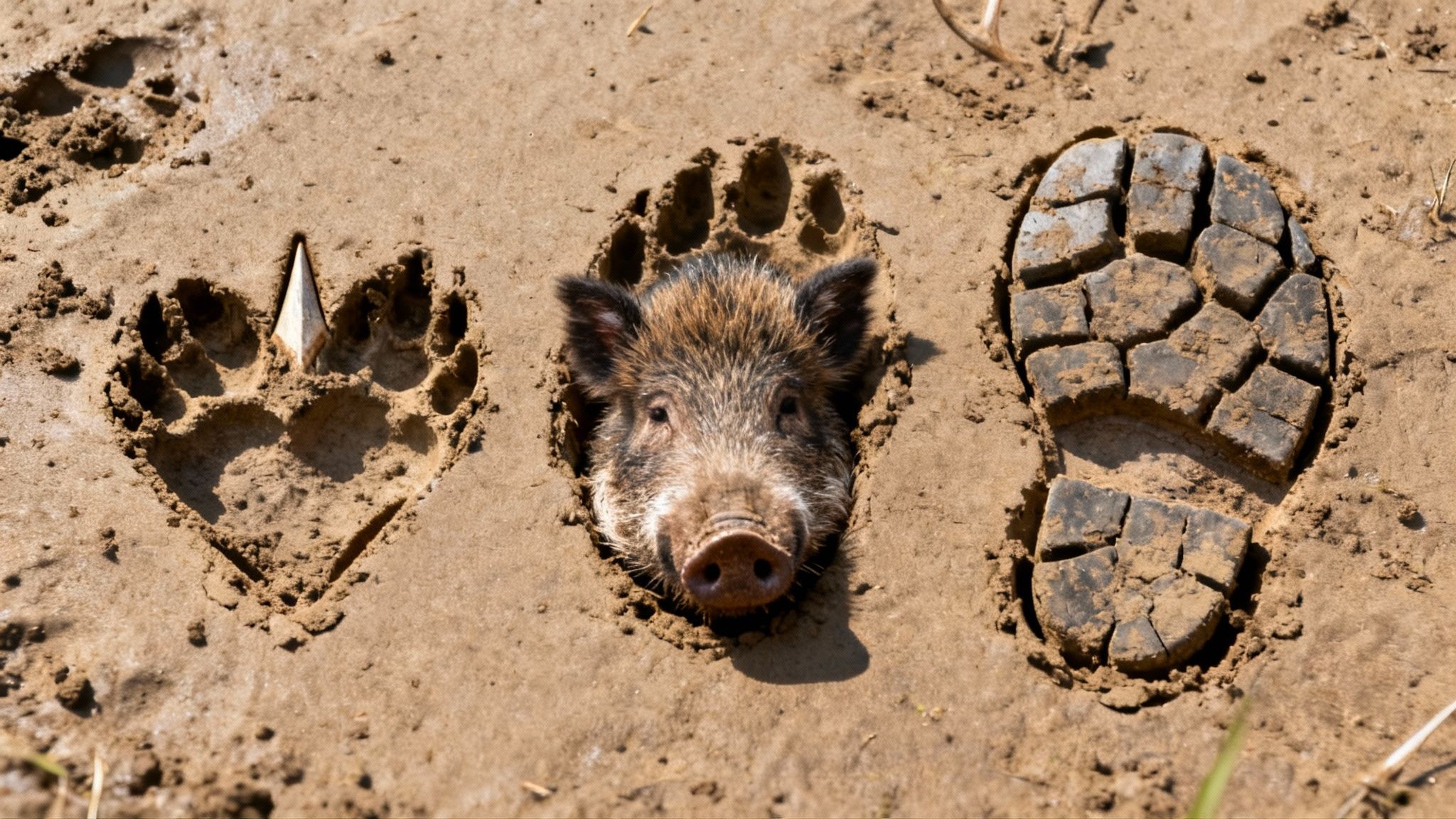 A wild boar piglet's head emerging from a paw print, next to a heart-shaped paw print and a boot print in mud.