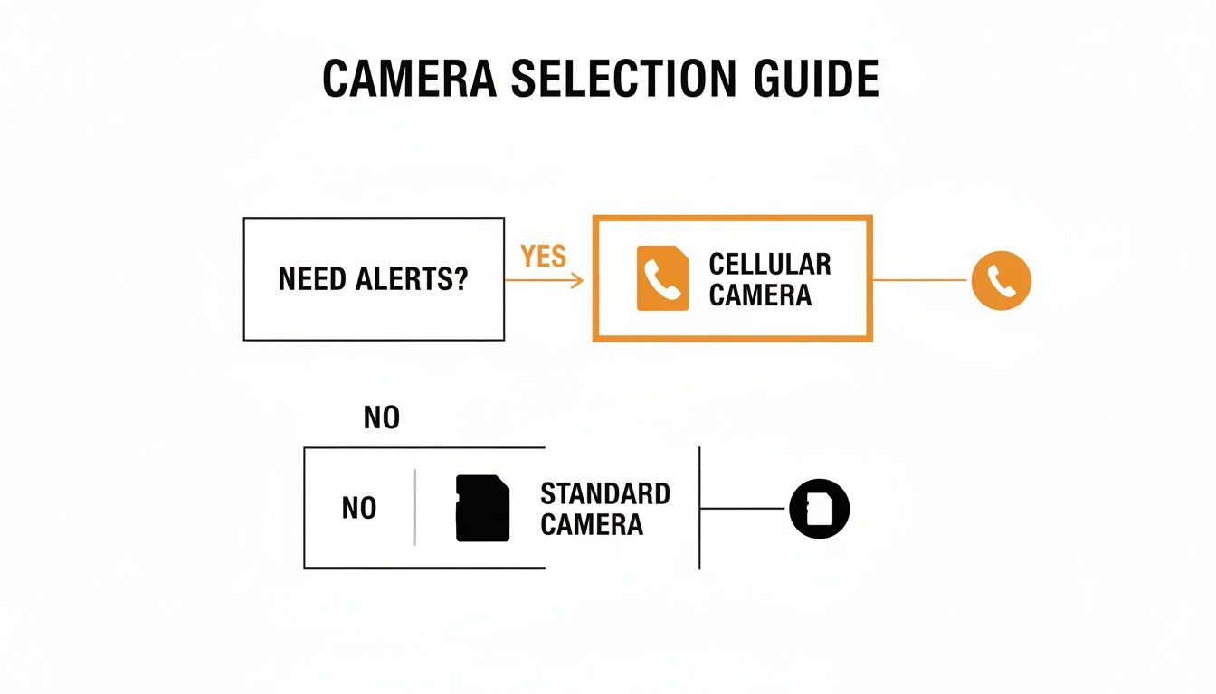 Flowchart guiding camera selection: choose cellular camera for alerts, or standard camera if no alerts are needed.