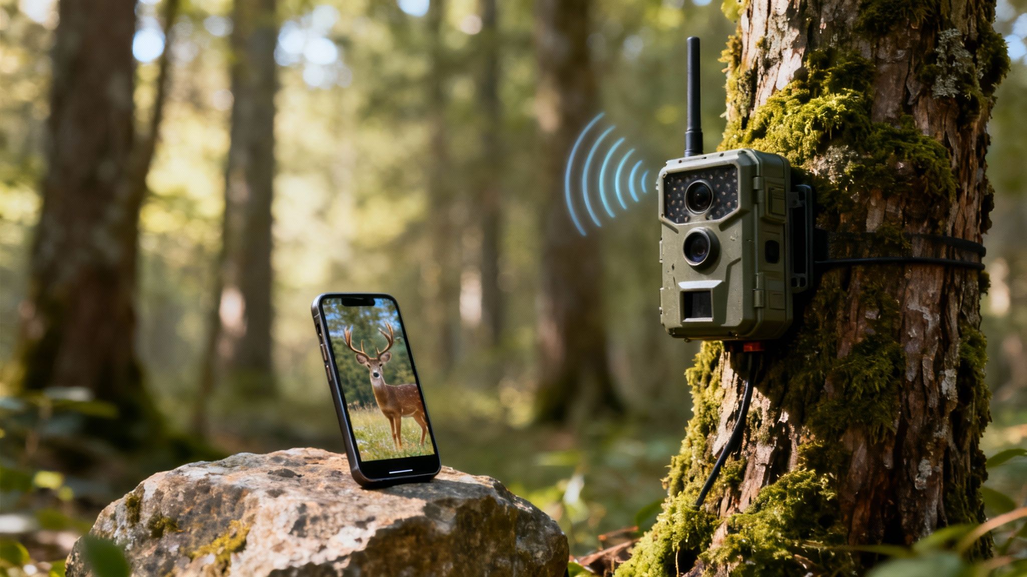 Cellular outdoor camera on a mossy tree wirelessly transmits a deer image to a smartphone.