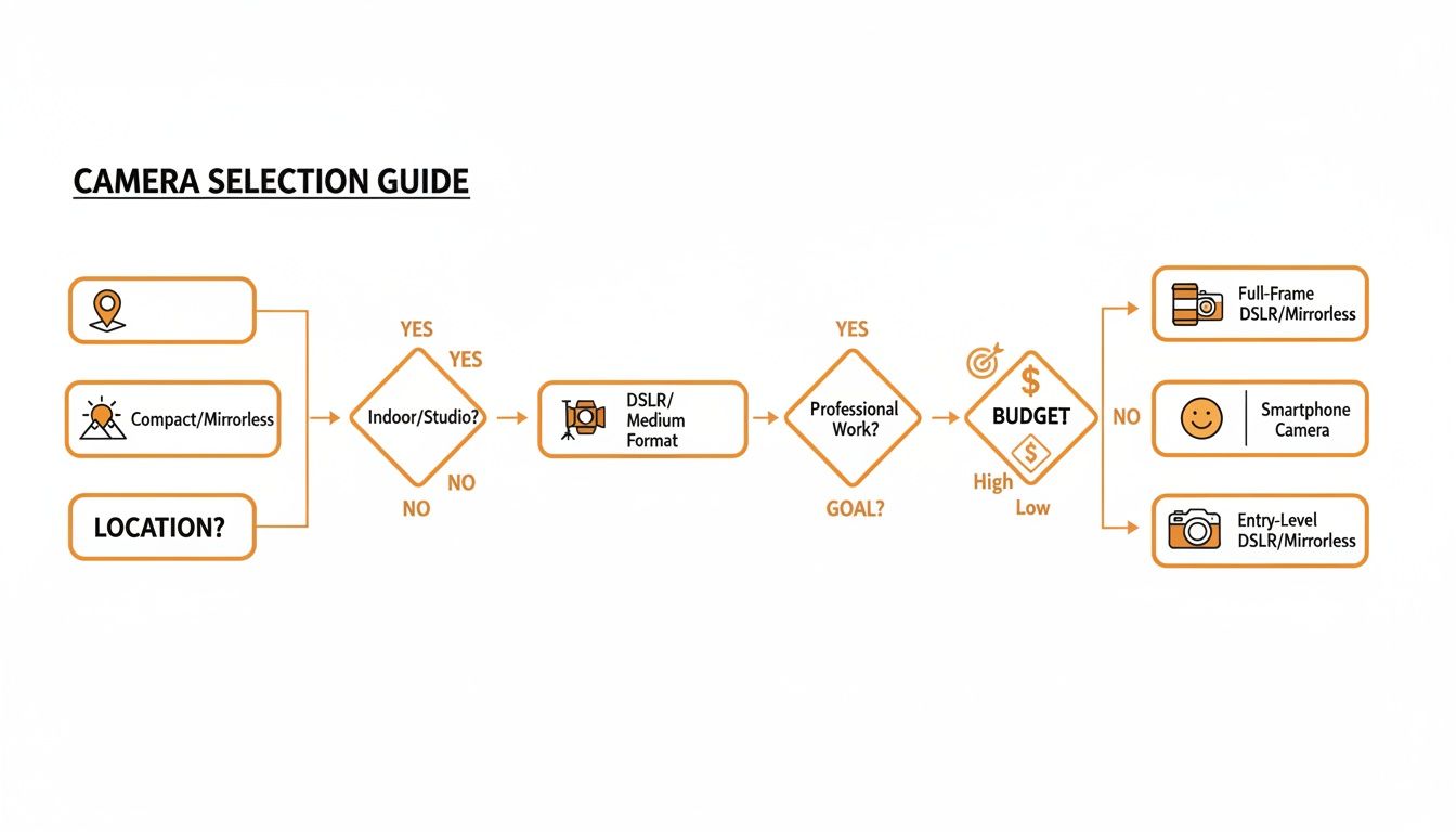 Flowchart guiding camera selection based on location, usage, professional needs, and budget criteria.
