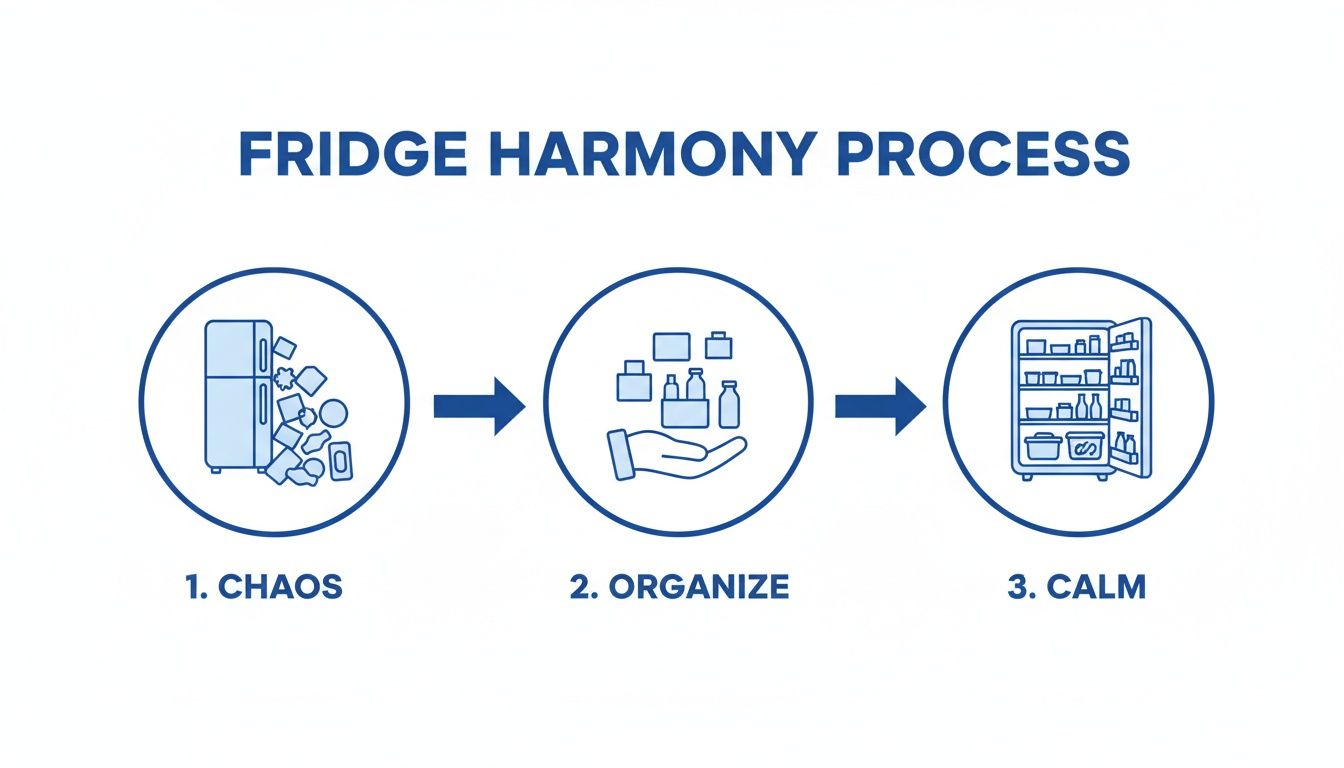 A three-step diagram illustrating the process of organizing a chaotic fridge into a calm, tidy one.