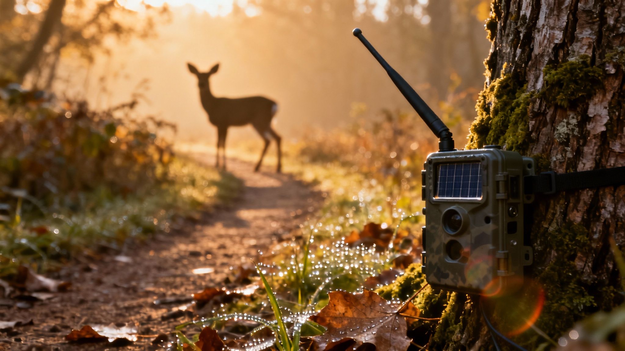 A cellular trail camera with a solar panel on a mossy tree, capturing a deer in a misty forest.