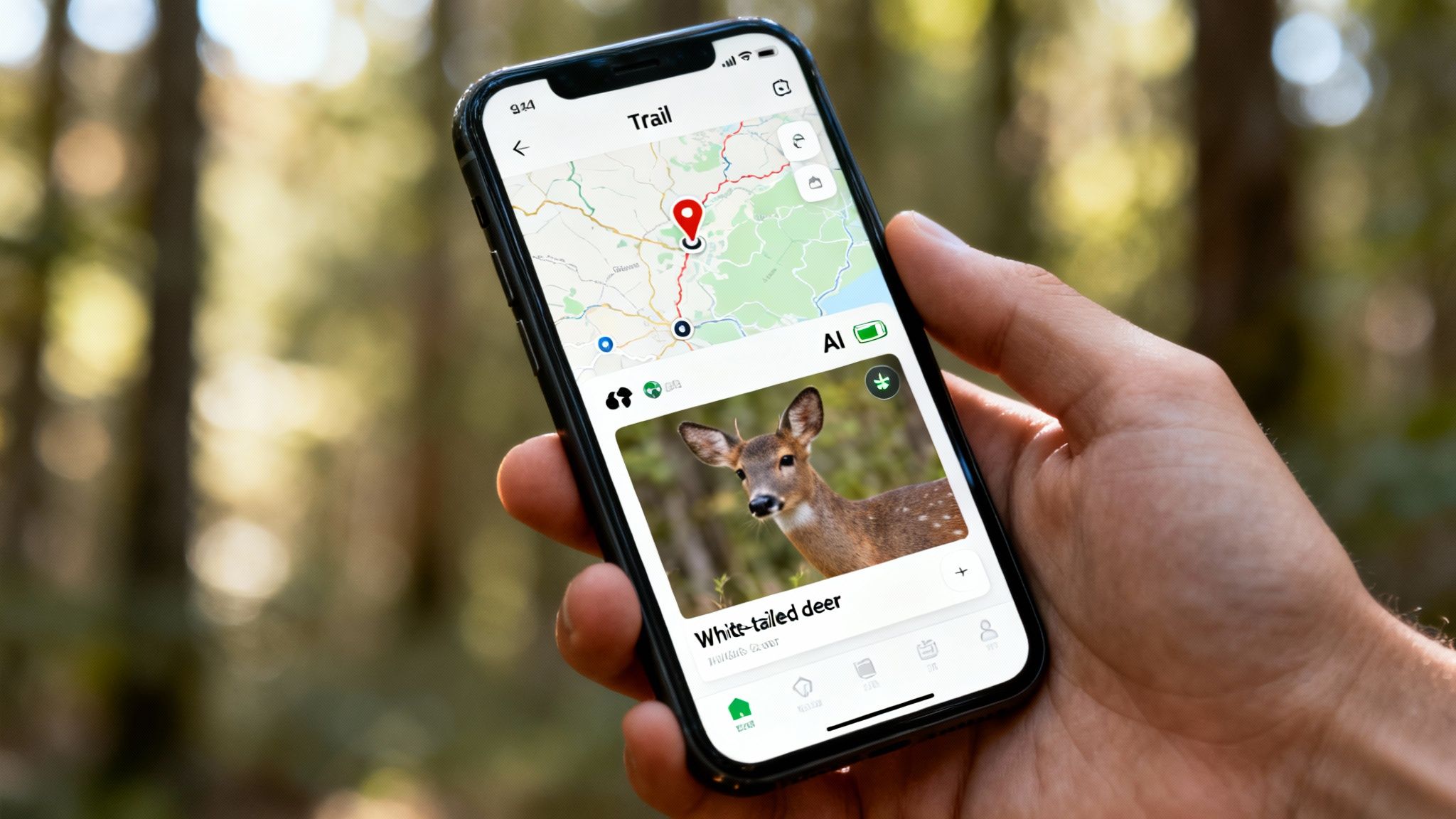 A hand holds a smartphone displaying a trail map with a deer photo and AI detection in a forest.
