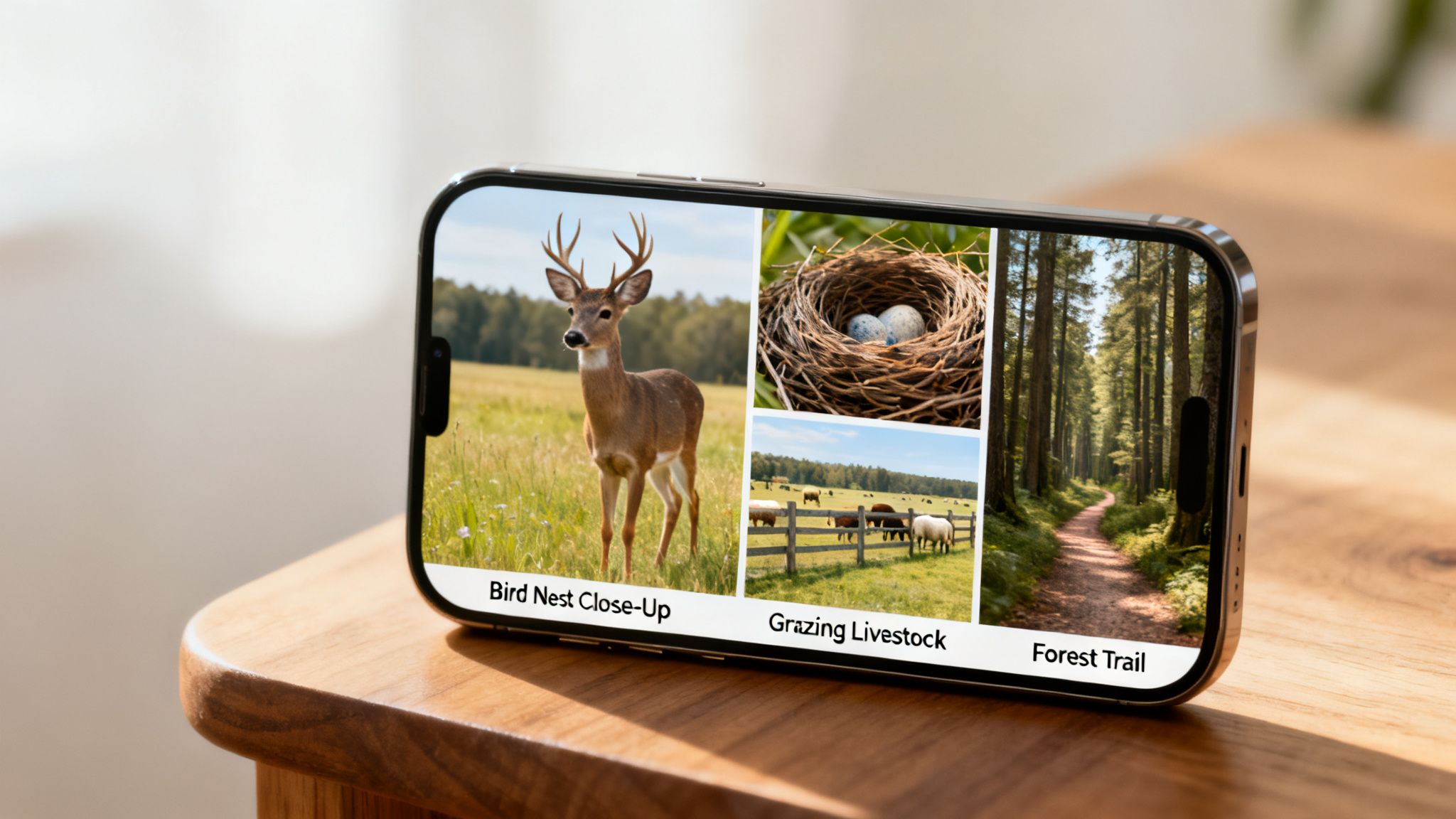 A smartphone displays a nature collage featuring a deer, a bird's nest, grazing livestock, and a forest trail.