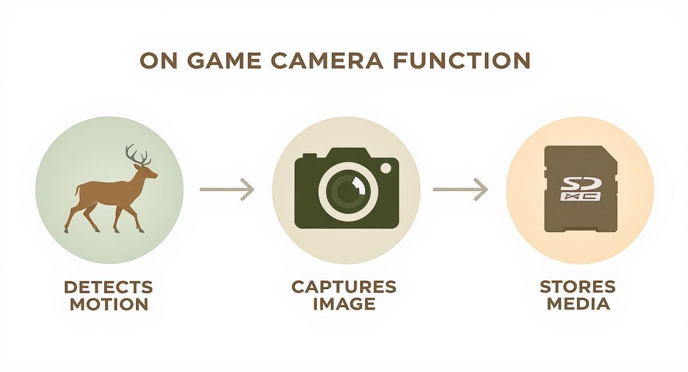 Diagram showing the game camera function: detects motion (deer icon), captures image (camera icon), stores media (SD card icon).