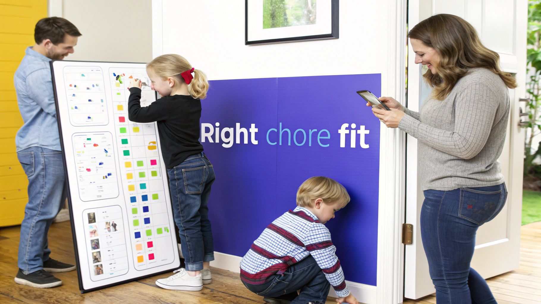 A smiling family, including parents and two children, interacts with a large, colorful chore chart board at home.