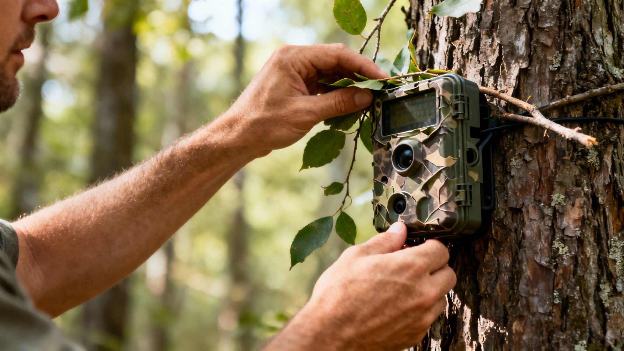 Close-up of hands setting up a camouflage trail camera on a tree in a forest.