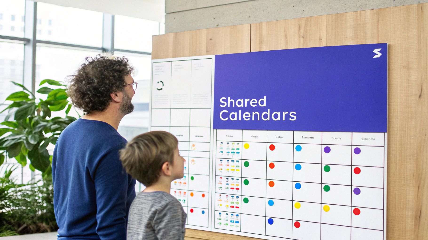 Father and child look at a large interactive shared wall calendar displaying colorful events.
