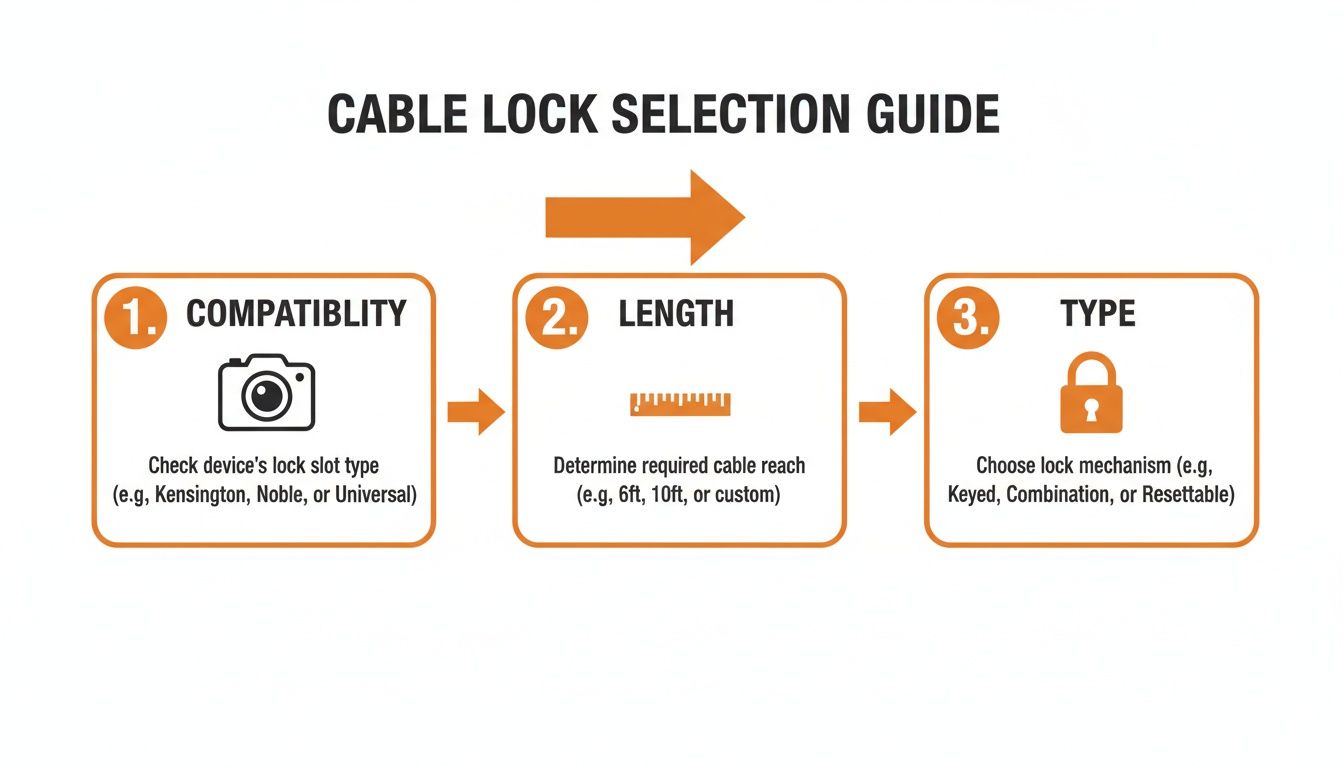 A visual guide illustrating three steps for cable lock selection: compatibility, length, and type.