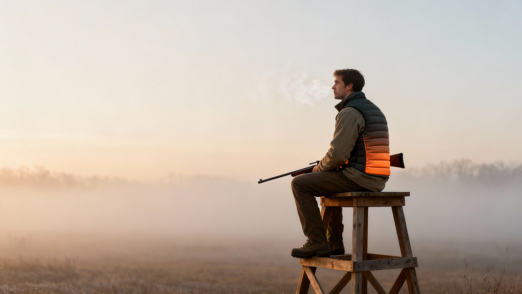 A hunter sits on a high stand with his rifle in a foggy field at dawn.